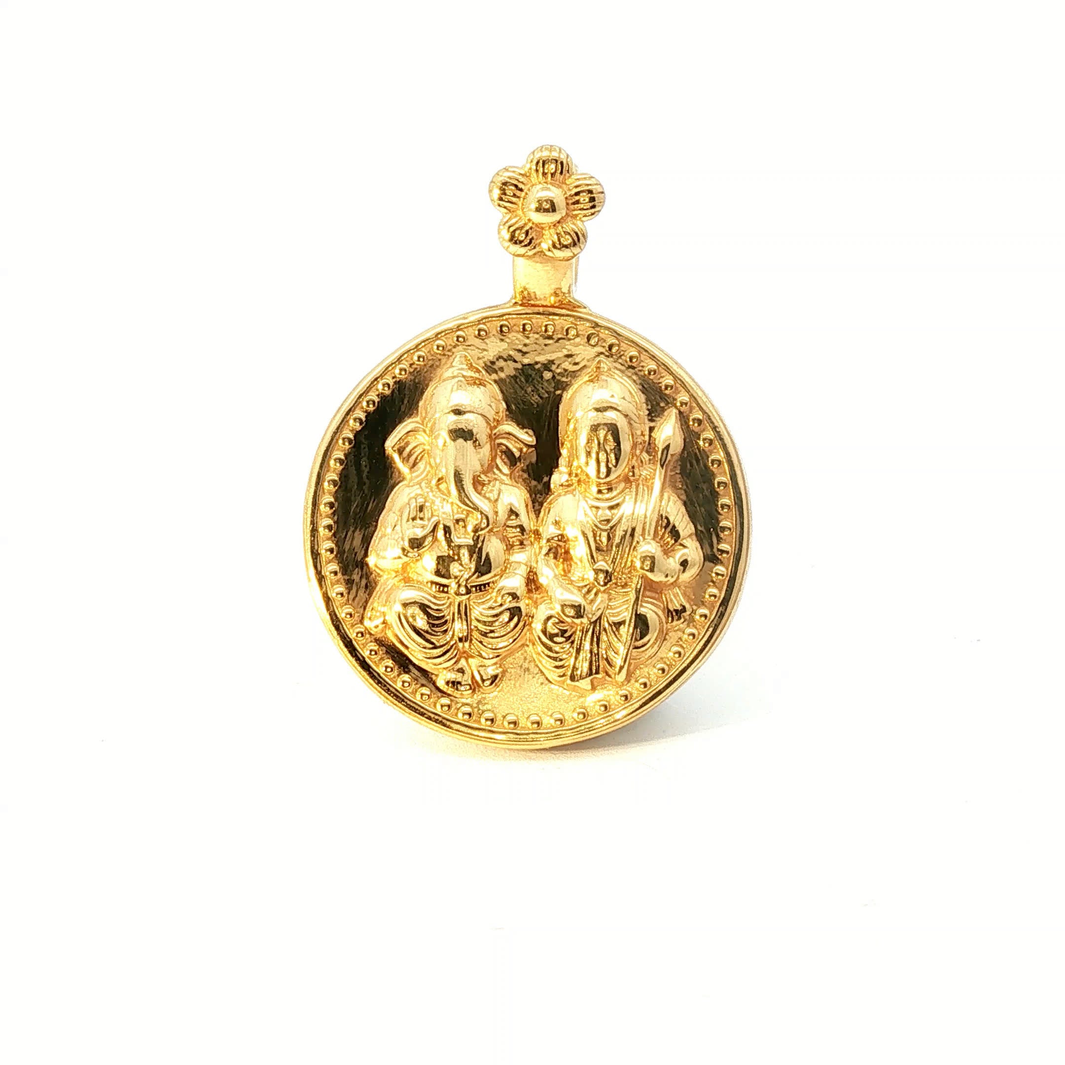 Traditional Yellow Gold Ganesha and Murugan Embossed Medallion Pendant