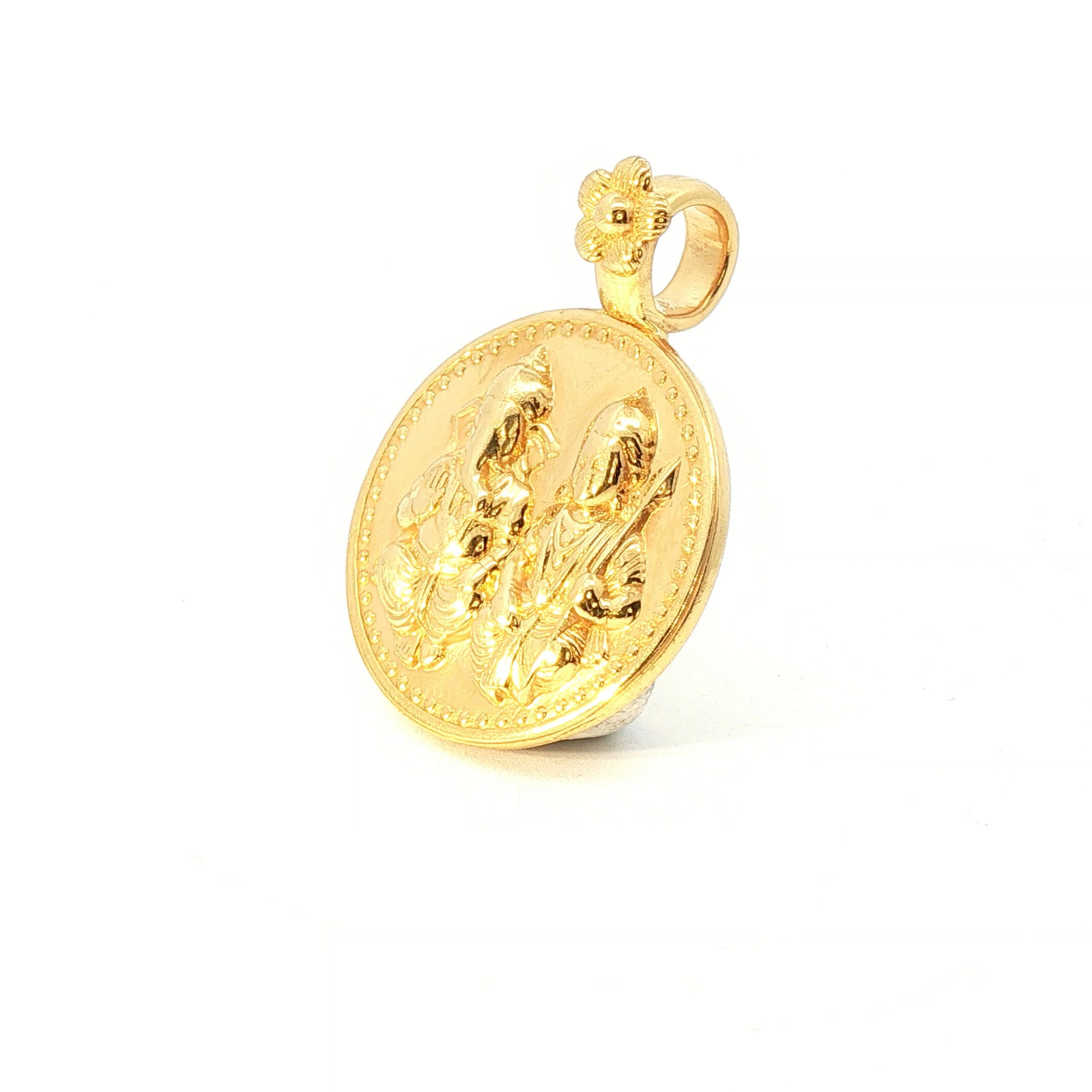 Traditional Yellow Gold Ganesha and Murugan Embossed Medallion Pendant