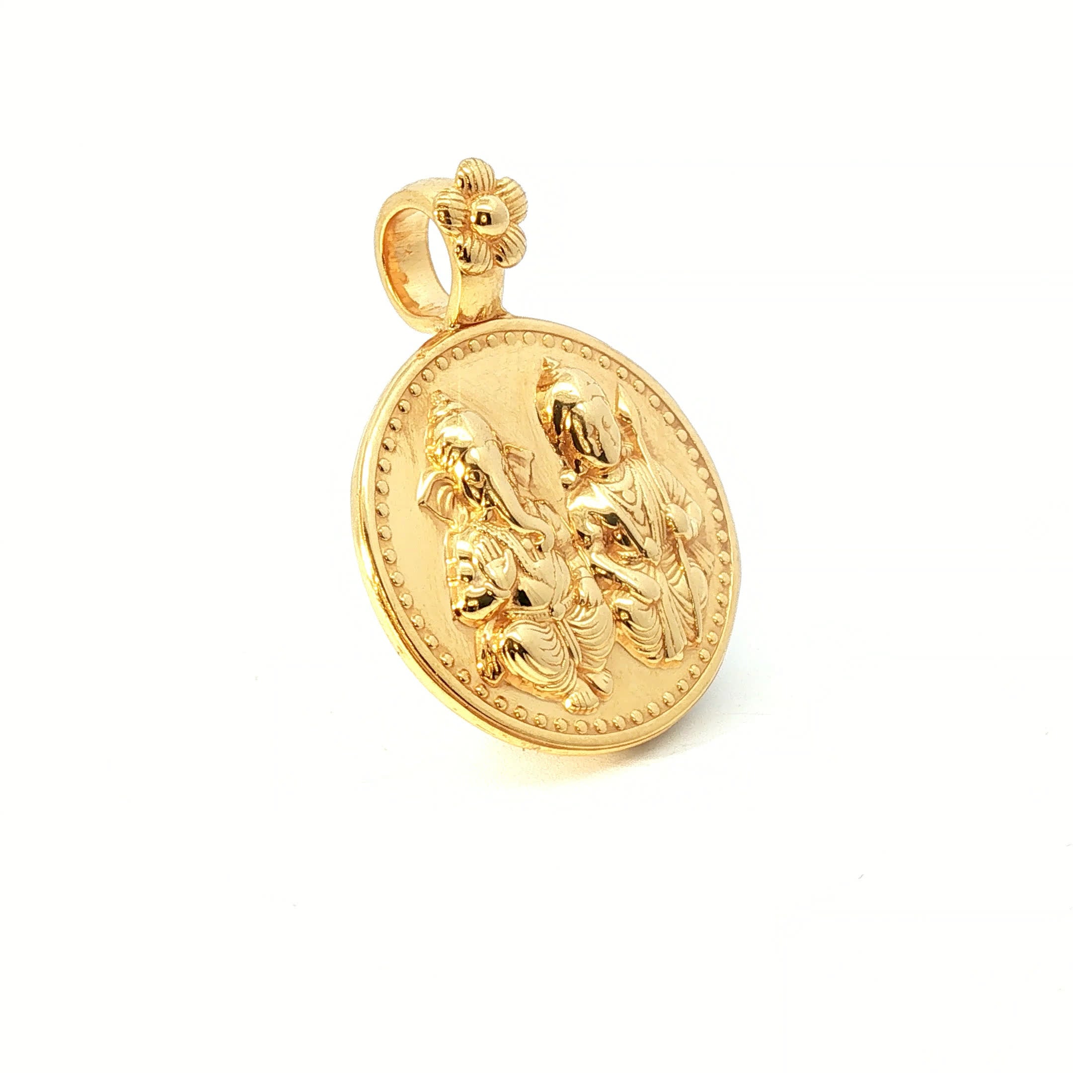 Traditional Yellow Gold Ganesha and Murugan Embossed Medallion Pendant