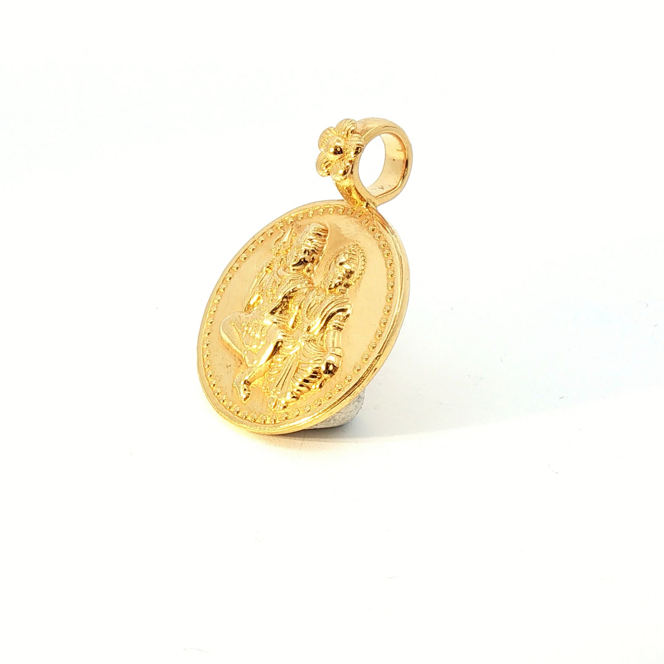 Traditional Yellow Gold Lord Shiva and Parvati Embossed Coin Pendant