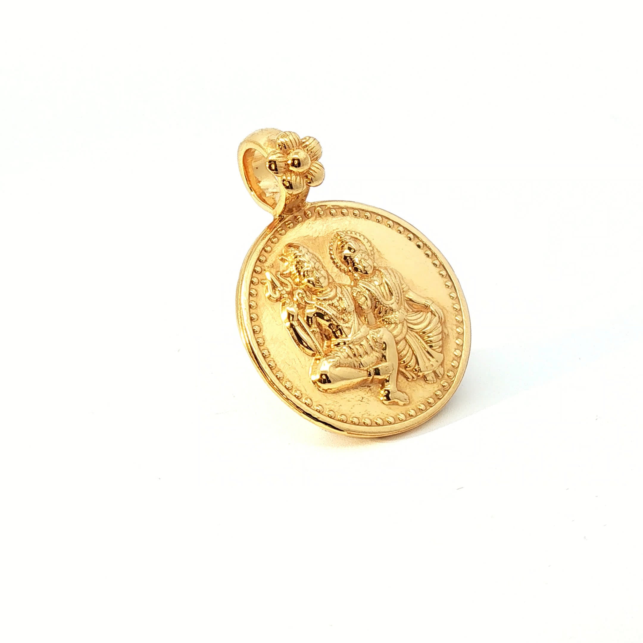 Traditional Yellow Gold Lord Shiva and Parvati Embossed Coin Pendant