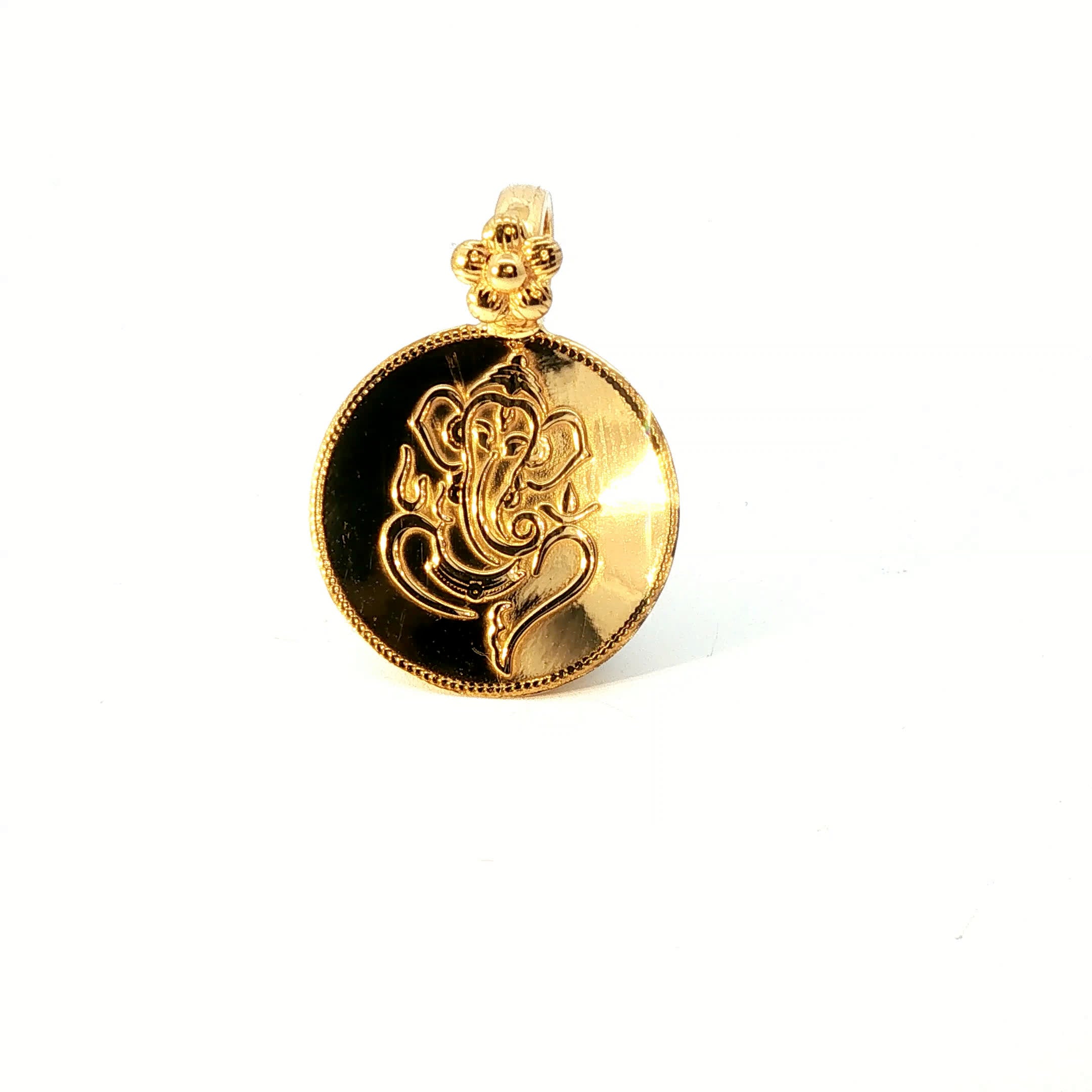 Yellow Gold Ganesha Etched Coin Pendant with Floral Bail