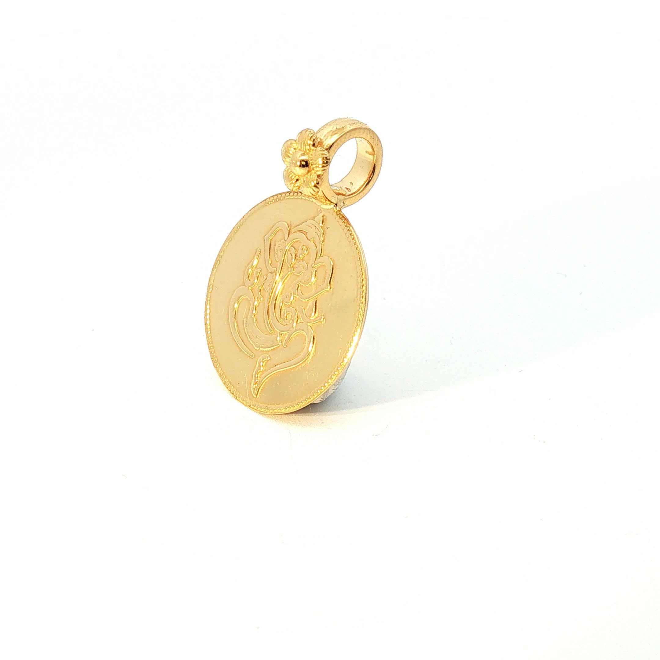Yellow Gold Ganesha Etched Coin Pendant with Floral Bail
