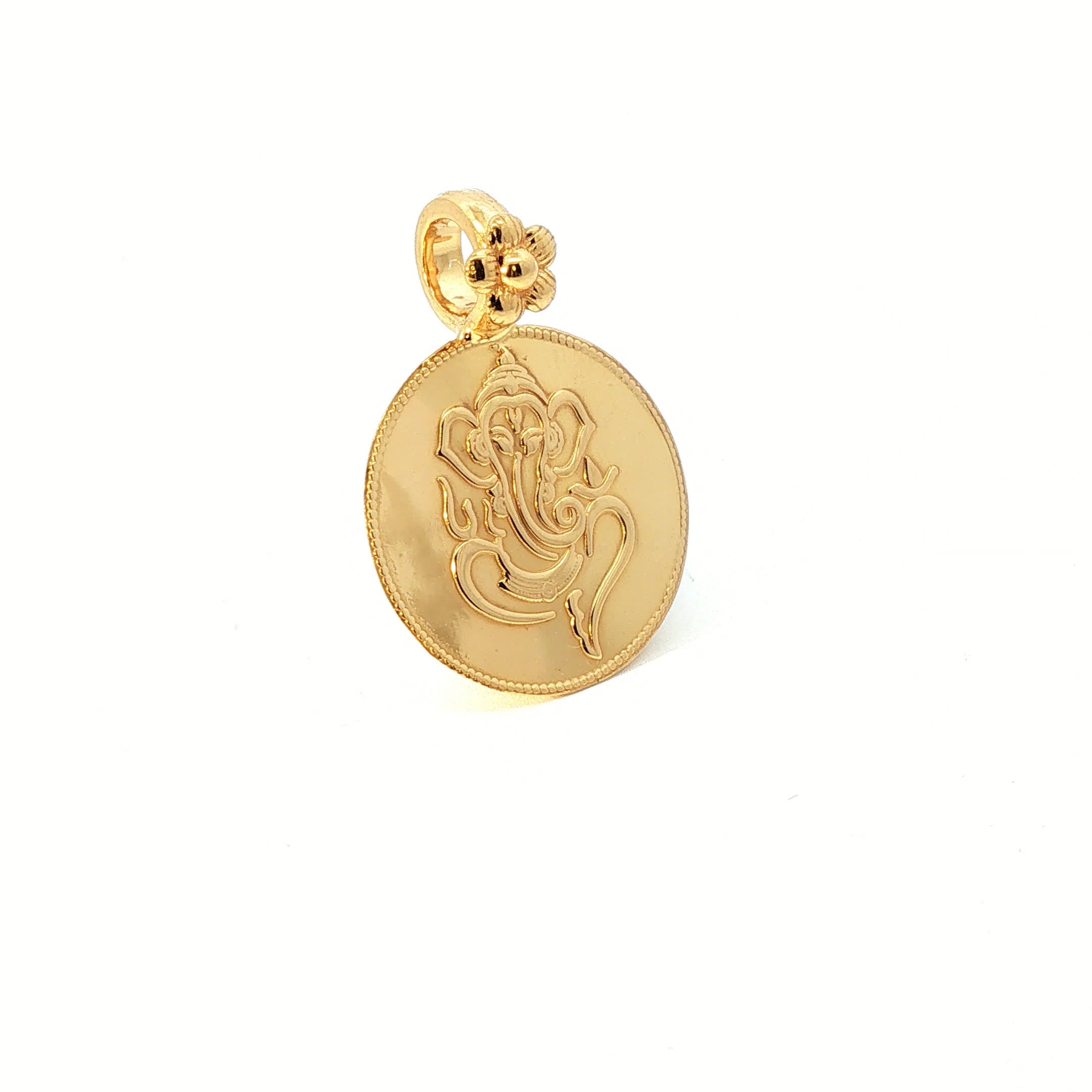 Yellow Gold Ganesha Etched Coin Pendant with Floral Bail