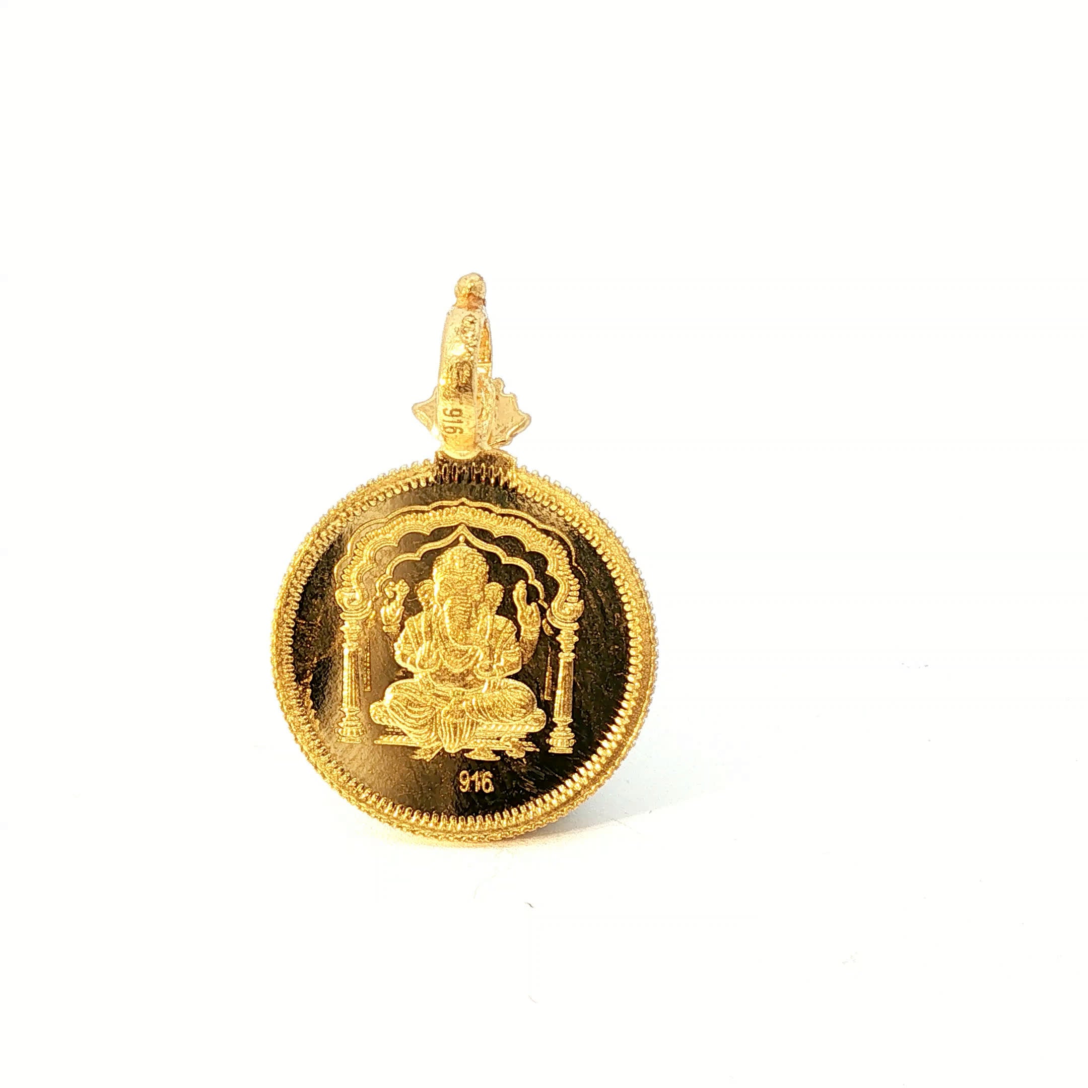 Traditional Lord Ganesha 22K Yellow Gold Embossed Round Medallion Pendant