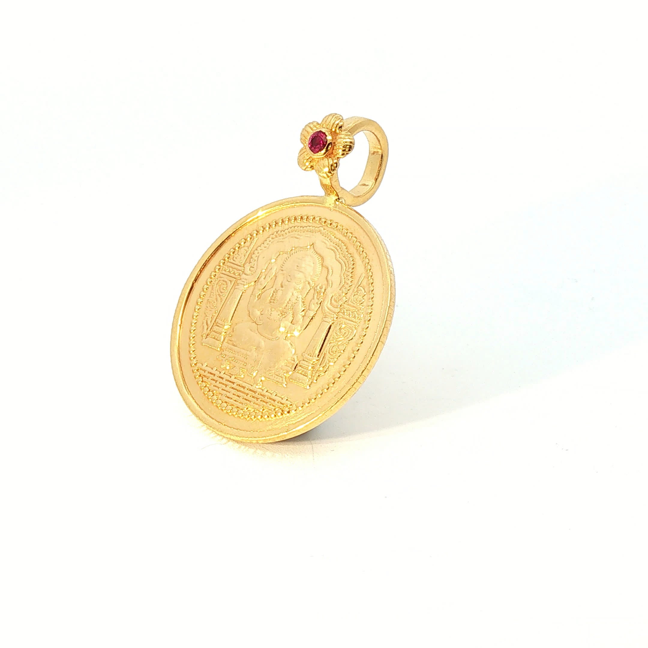 Ornate Yellow Gold Deity Coin Pendant with Ruby-Bail with Ruby Floral Accent