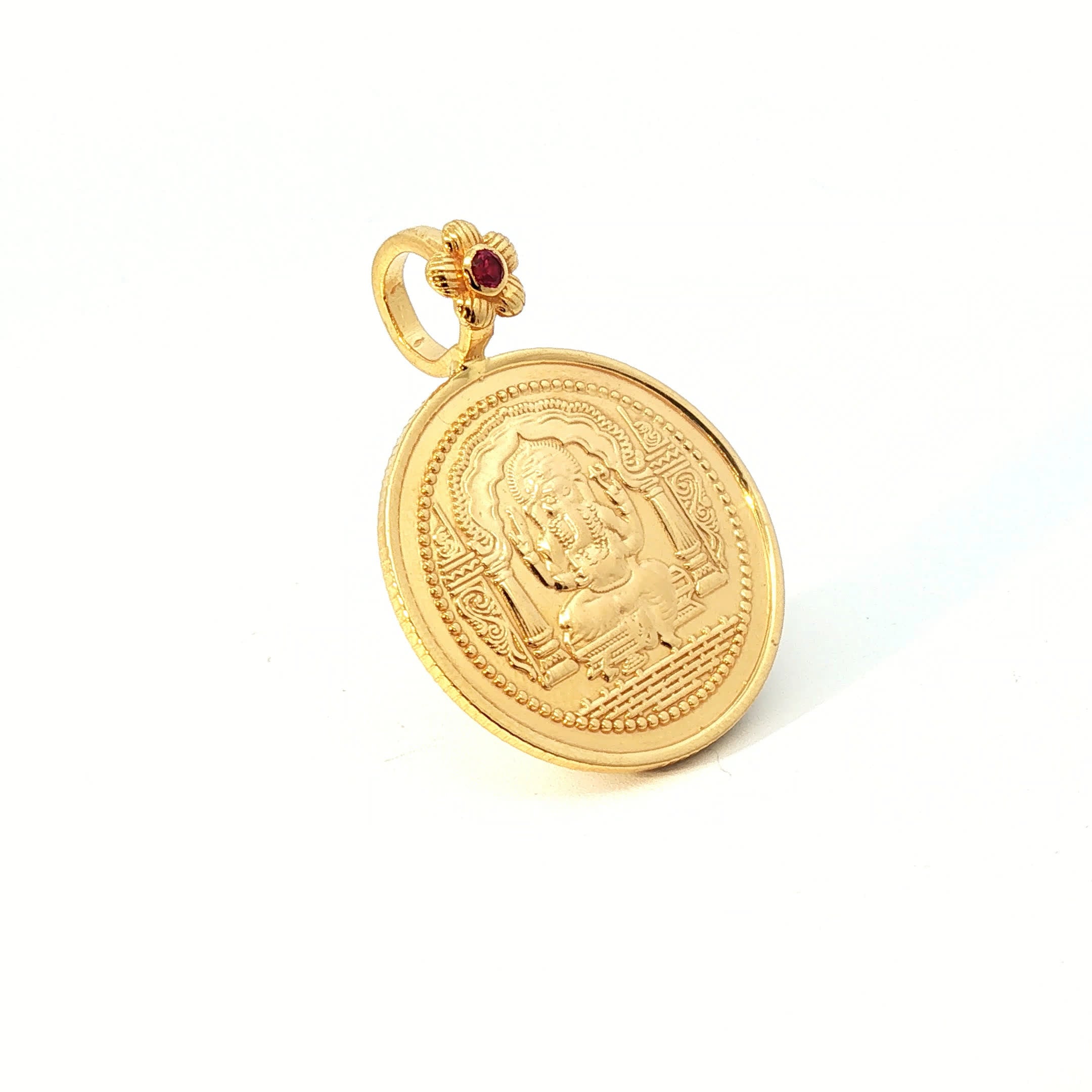 Ornate Yellow Gold Deity Coin Pendant with Ruby-Bail with Ruby Floral Accent