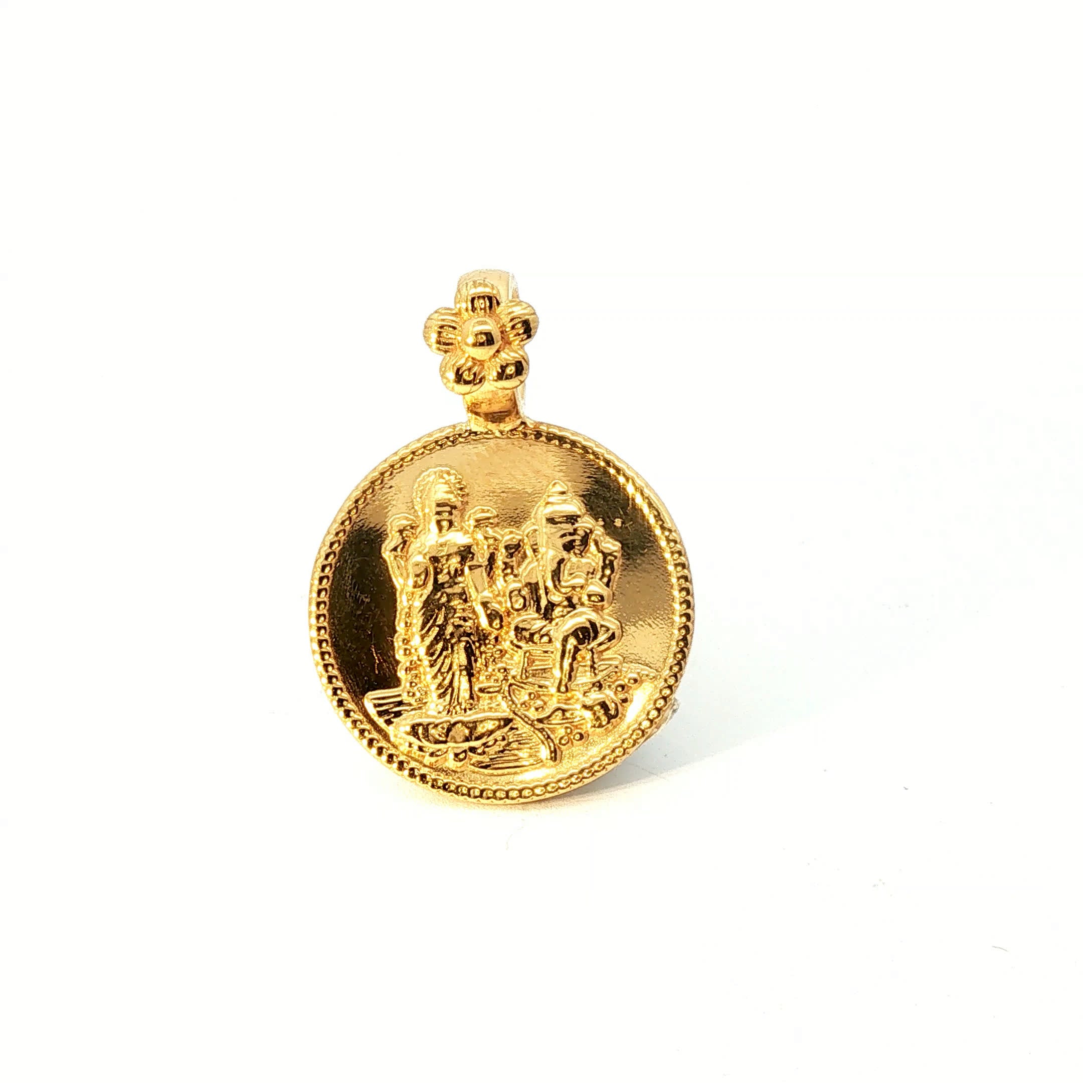 Yellow Gold Religious Deity Embossed Coin Pendant with Floral Bail