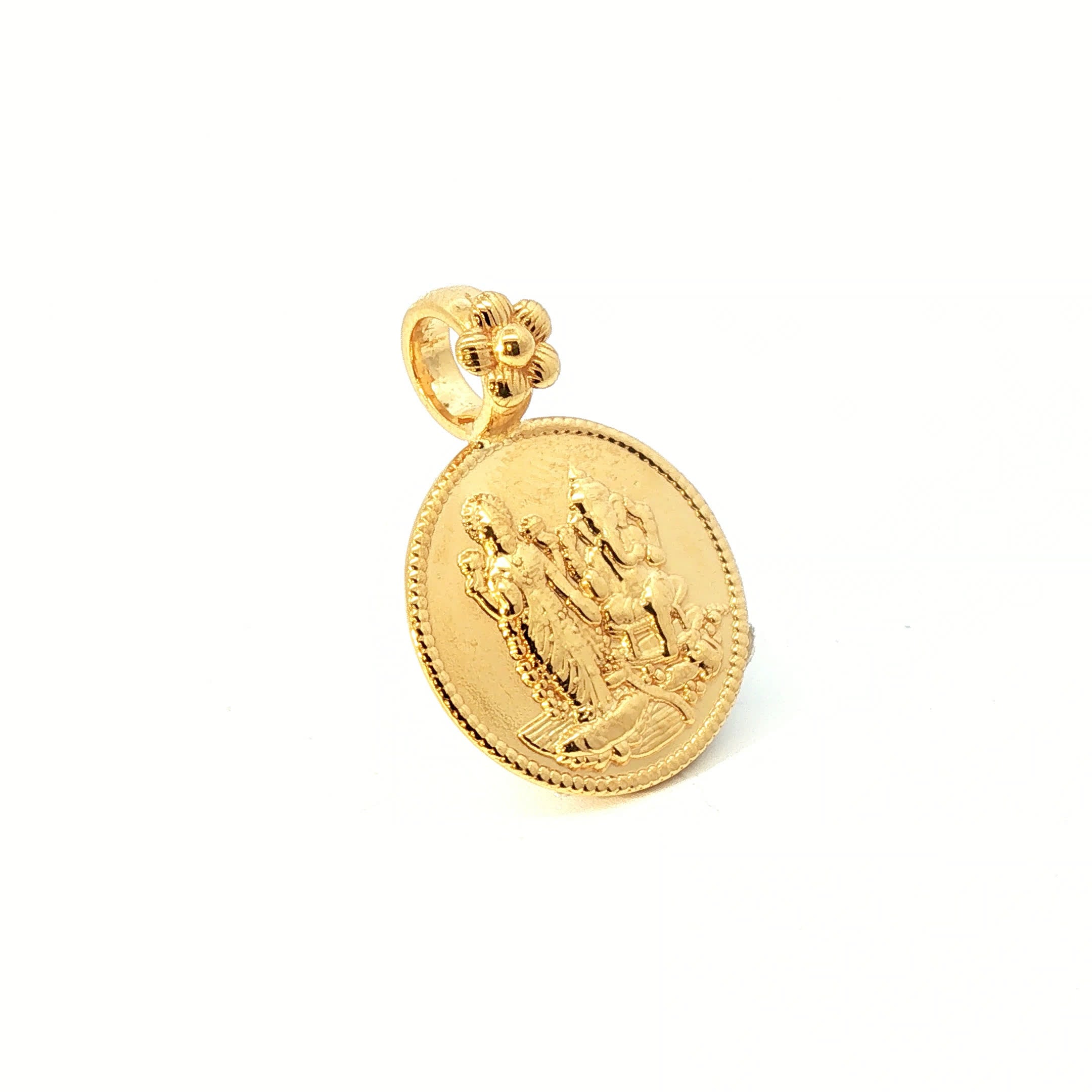 Yellow Gold Religious Deity Embossed Coin Pendant with Floral Bail