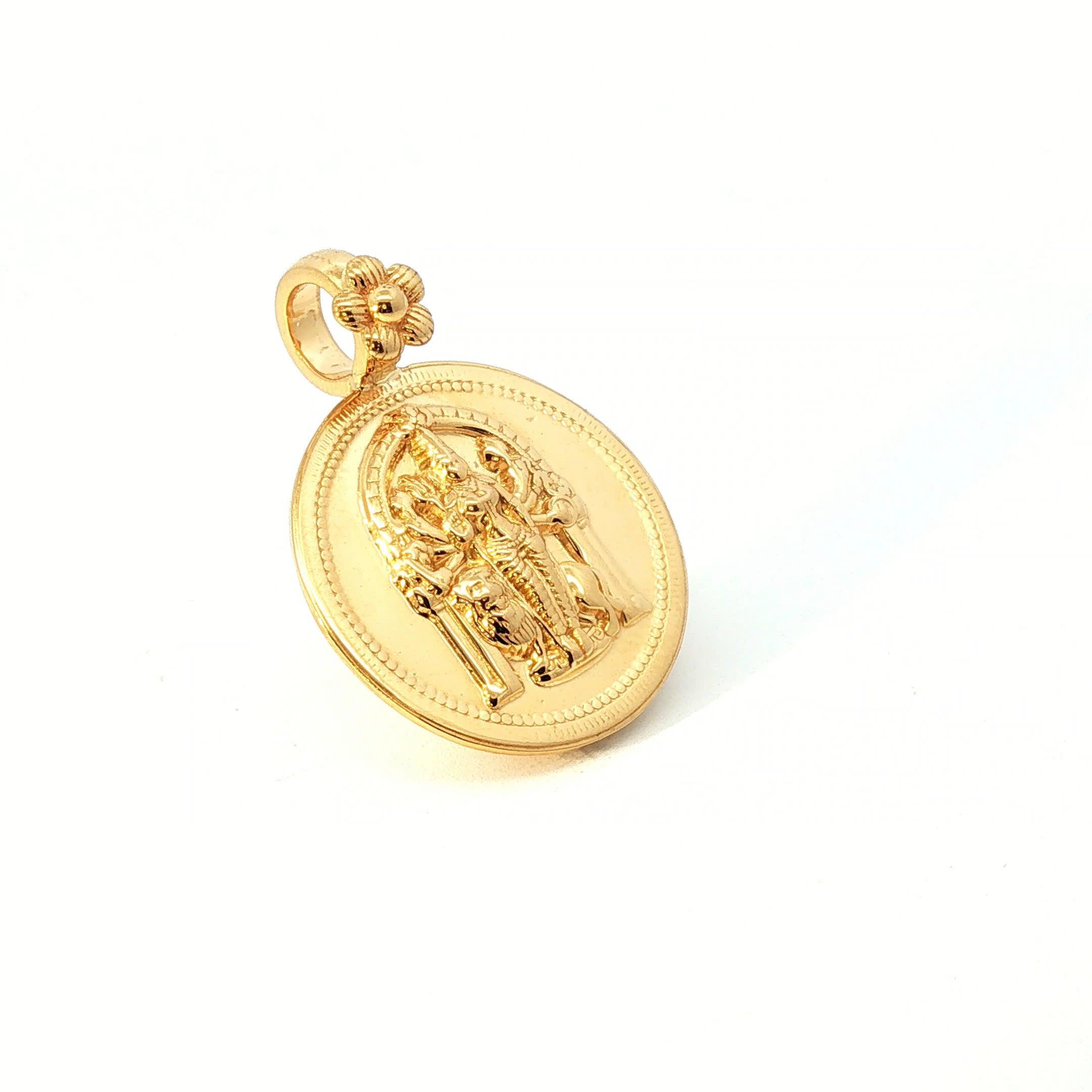 Yellow Gold Religious Embossed Coin Pendant with Floral Bail