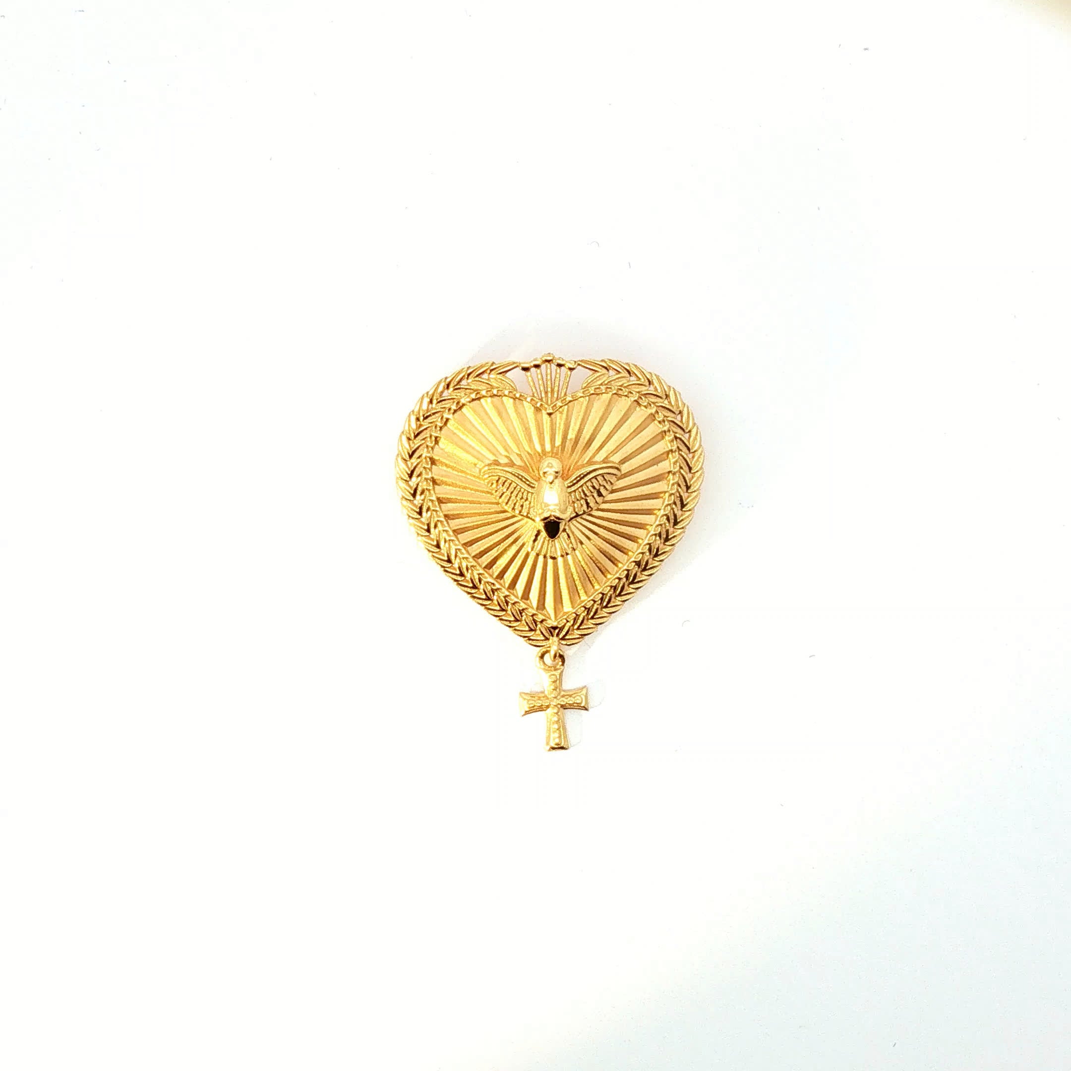 Ornate Yellow Gold Heart Brooch with Dove and Cross Dangle