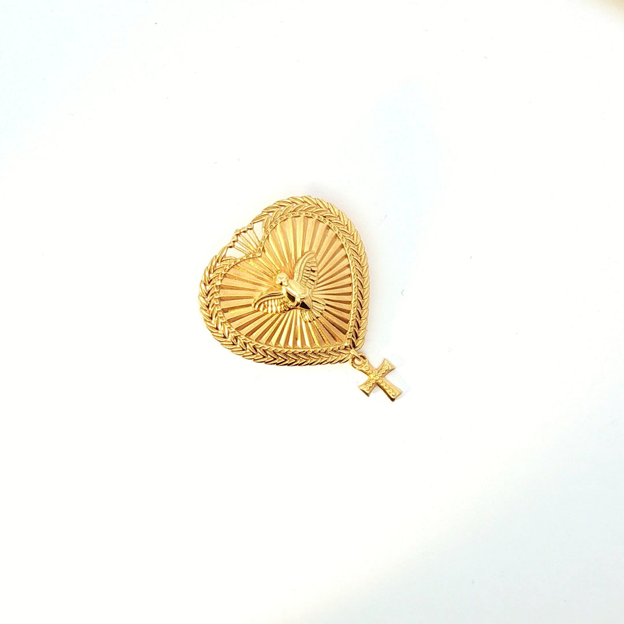 Ornate Yellow Gold Heart Brooch with Dove and Cross Dangle