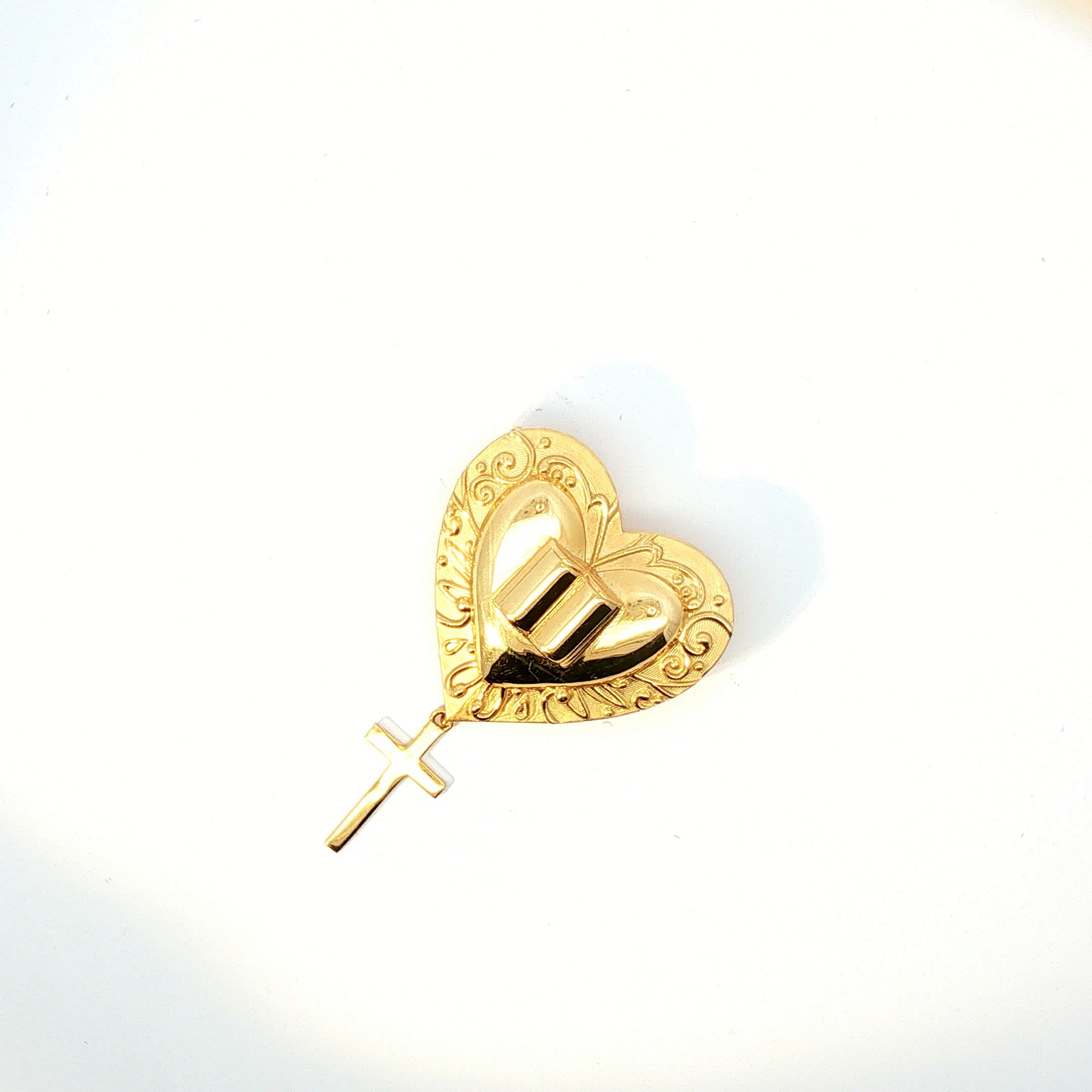 Vintage Yellow Gold Engraved Heart and Cross Religious Pendant
