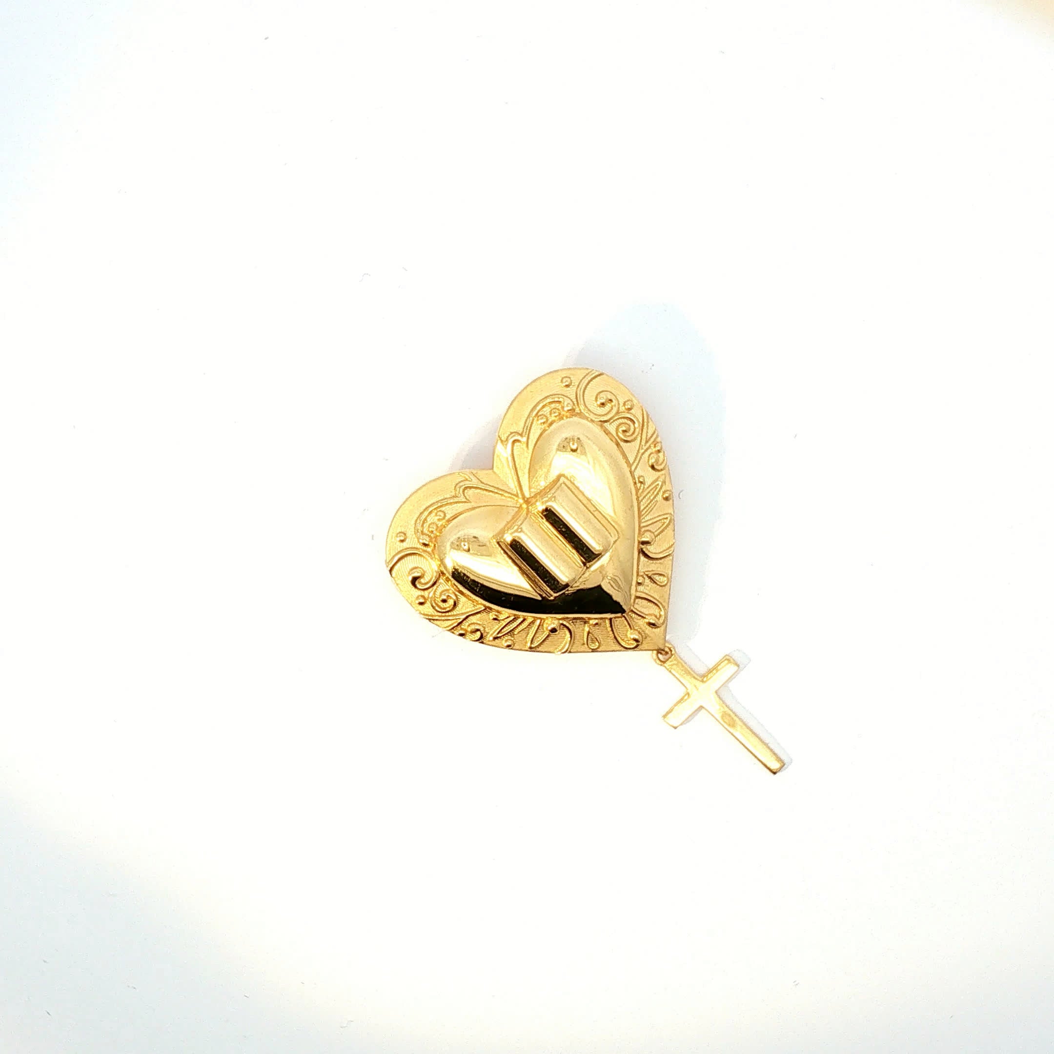 Vintage Yellow Gold Engraved Heart and Cross Religious Pendant