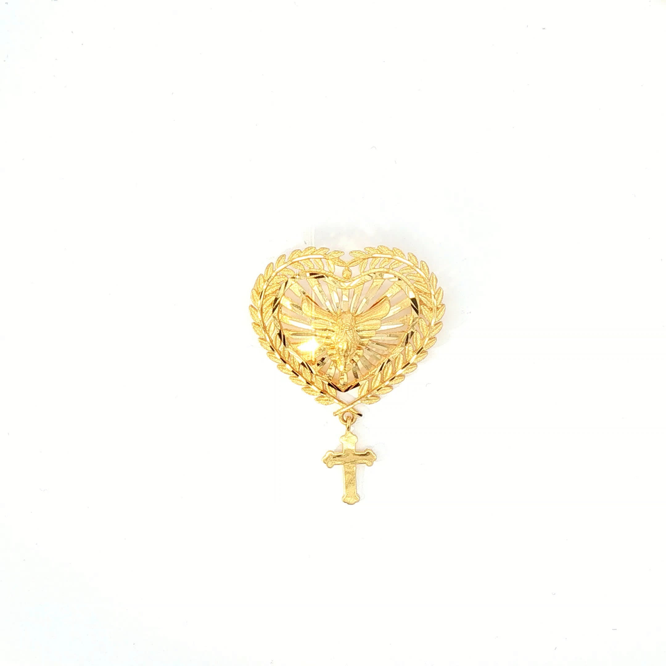 Yellow Gold Heart Wreath Religious Pendant with Dangle Cross