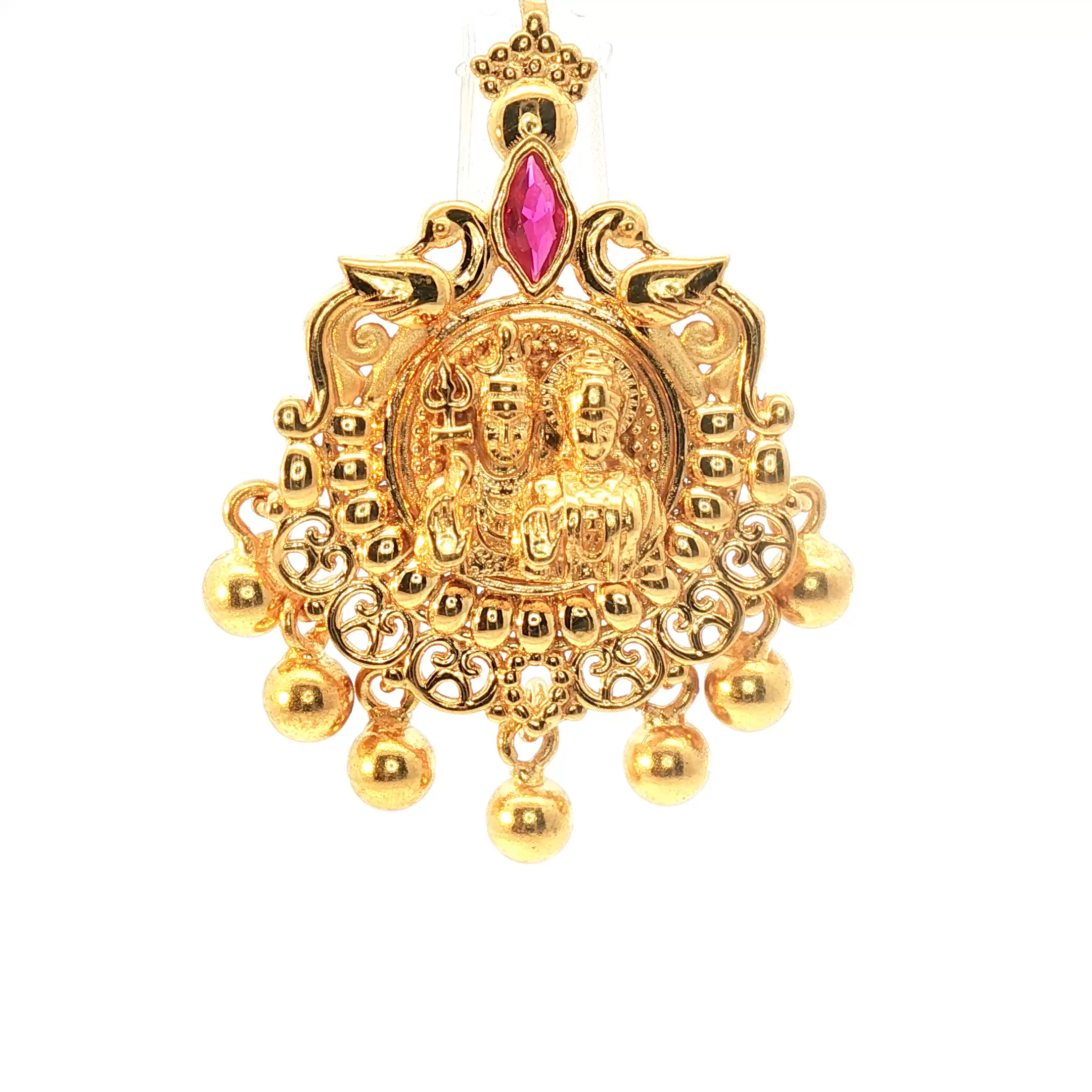 Yellow Gold Pendant with Reddish Purple Ruby Cabochon