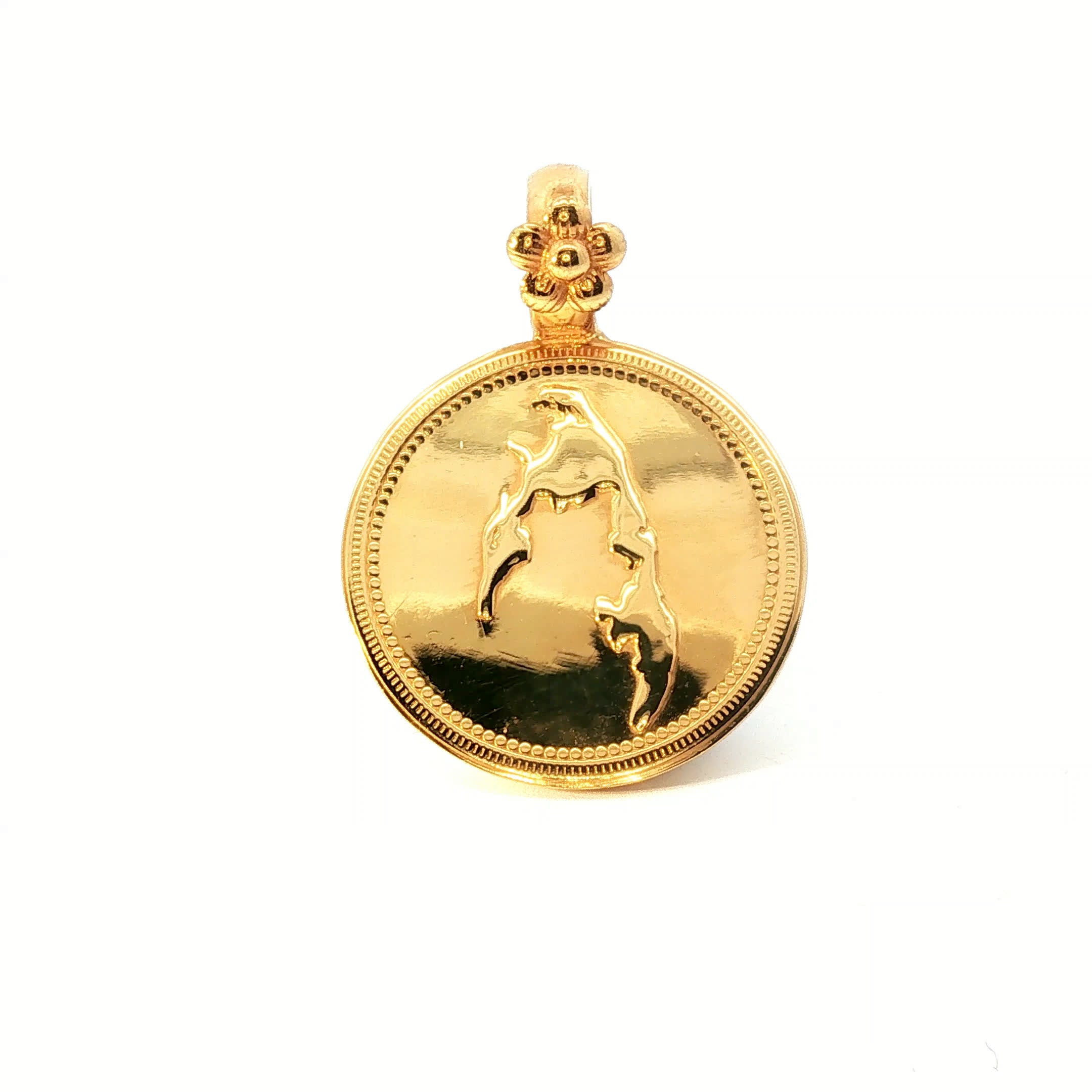 Yellow Gold Embossed Map Medallion Pendant with Floral Bale