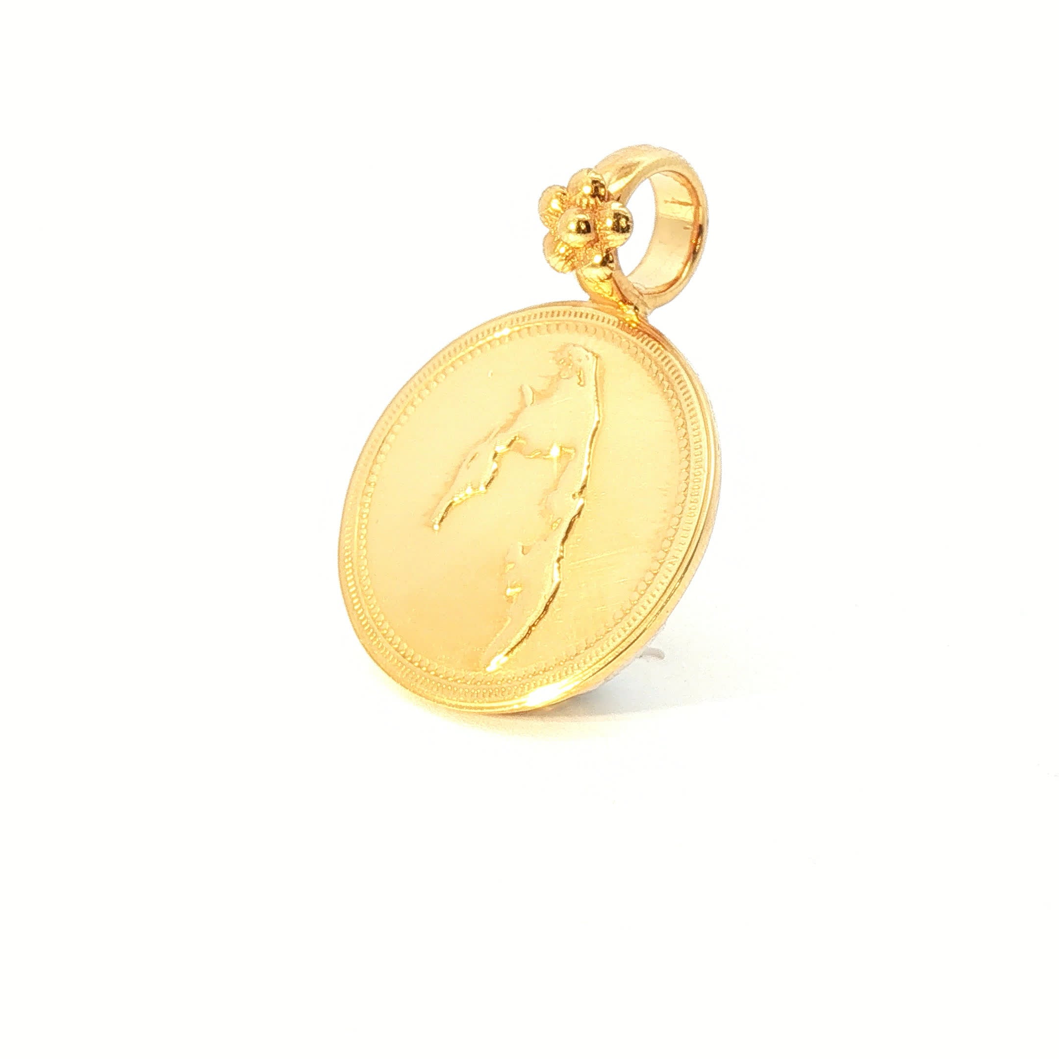 Yellow Gold Embossed Map Medallion Pendant with Floral Bale