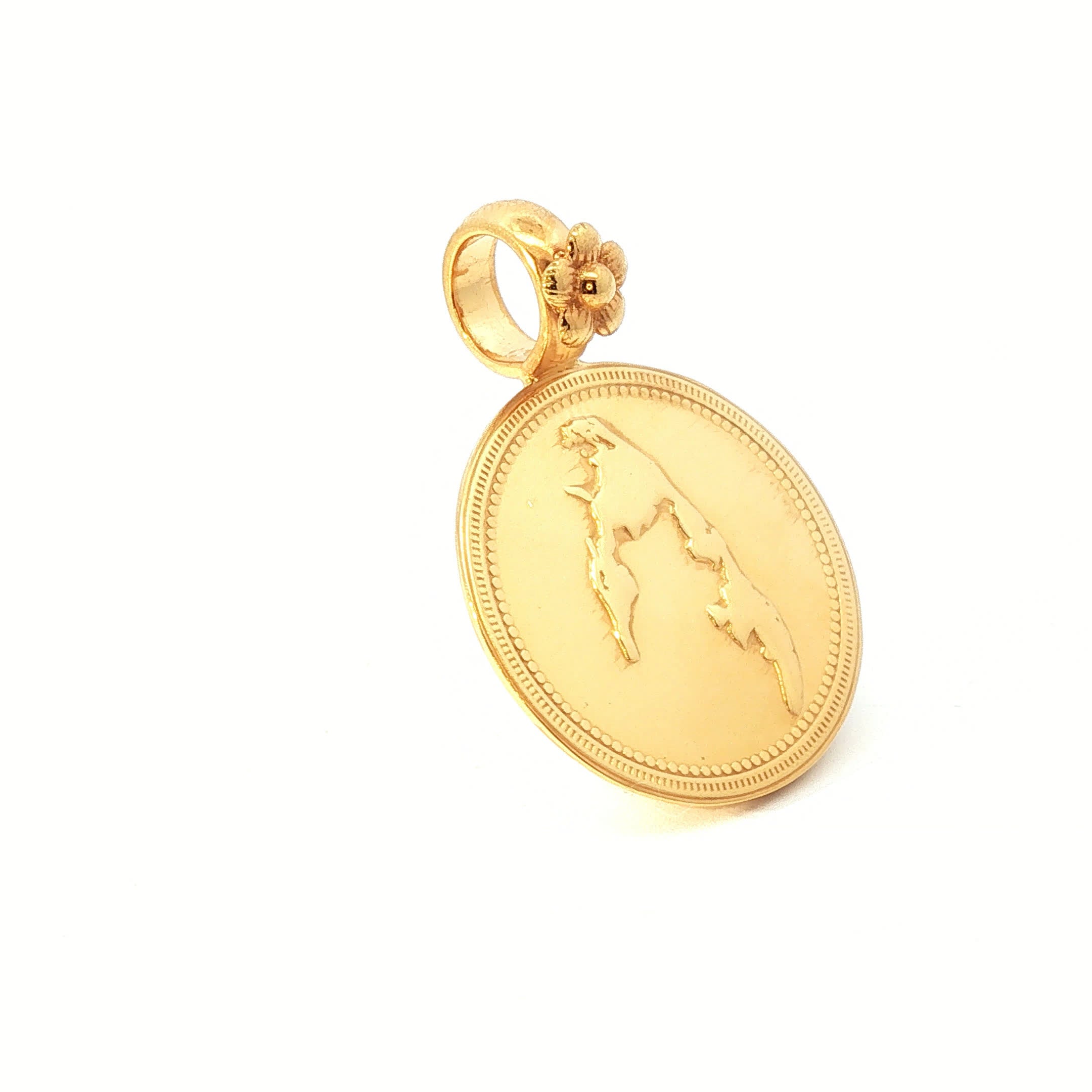 Yellow Gold Embossed Map Medallion Pendant with Floral Bale