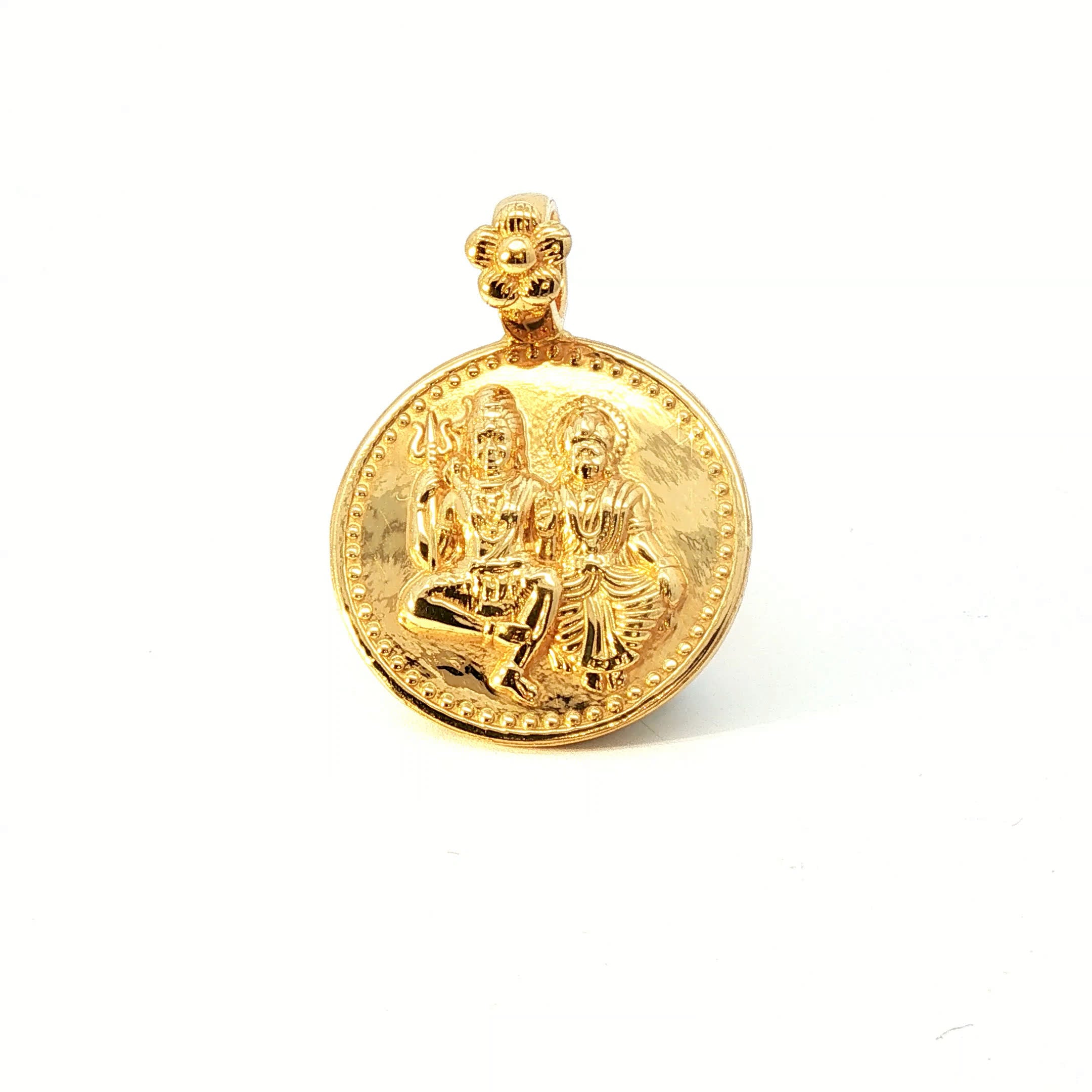 Traditional Yellow Gold Lord Shiva and Parvati Embossed Coin Pendant
