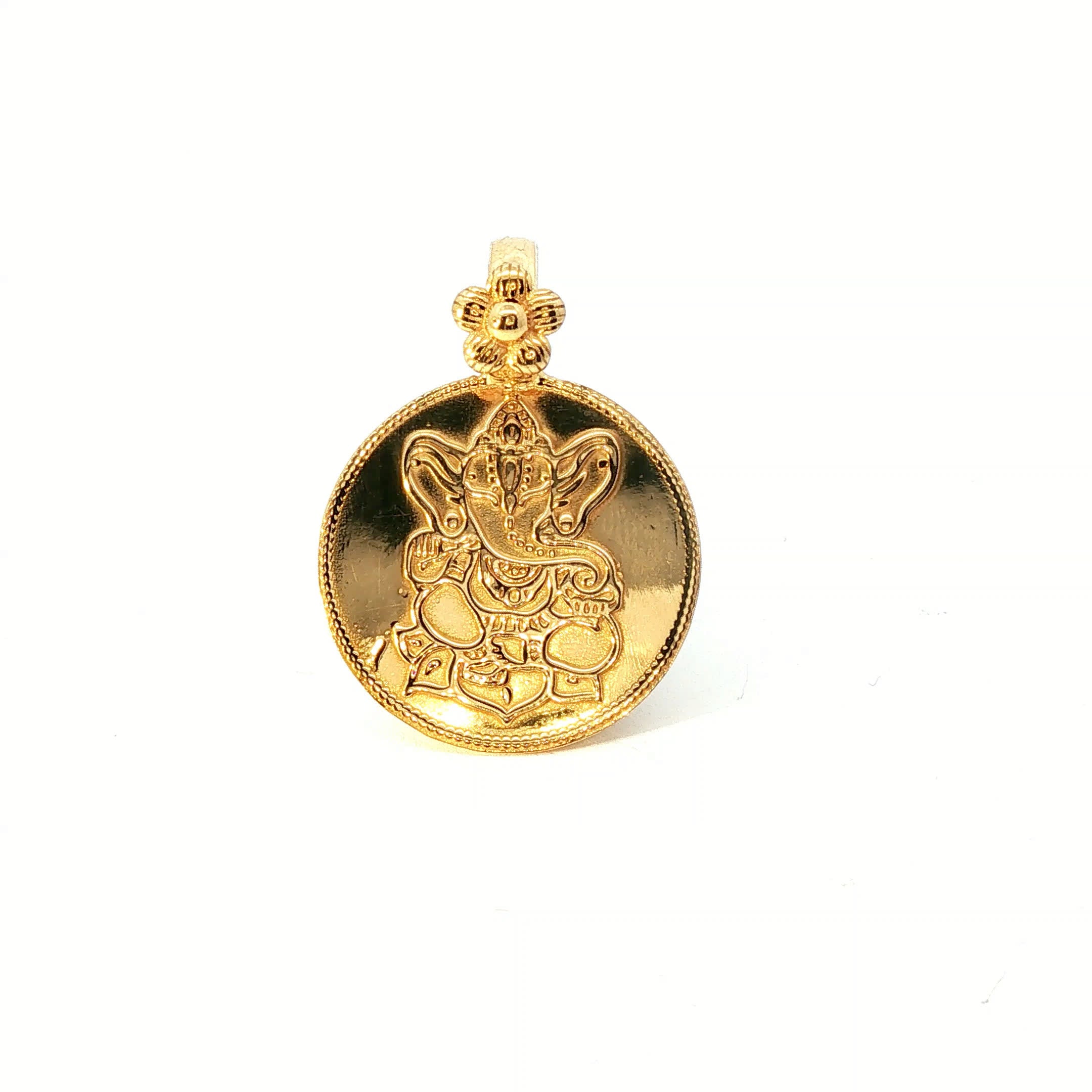 Religious Ganesha Engraved Yellow Gold Coin Pendant