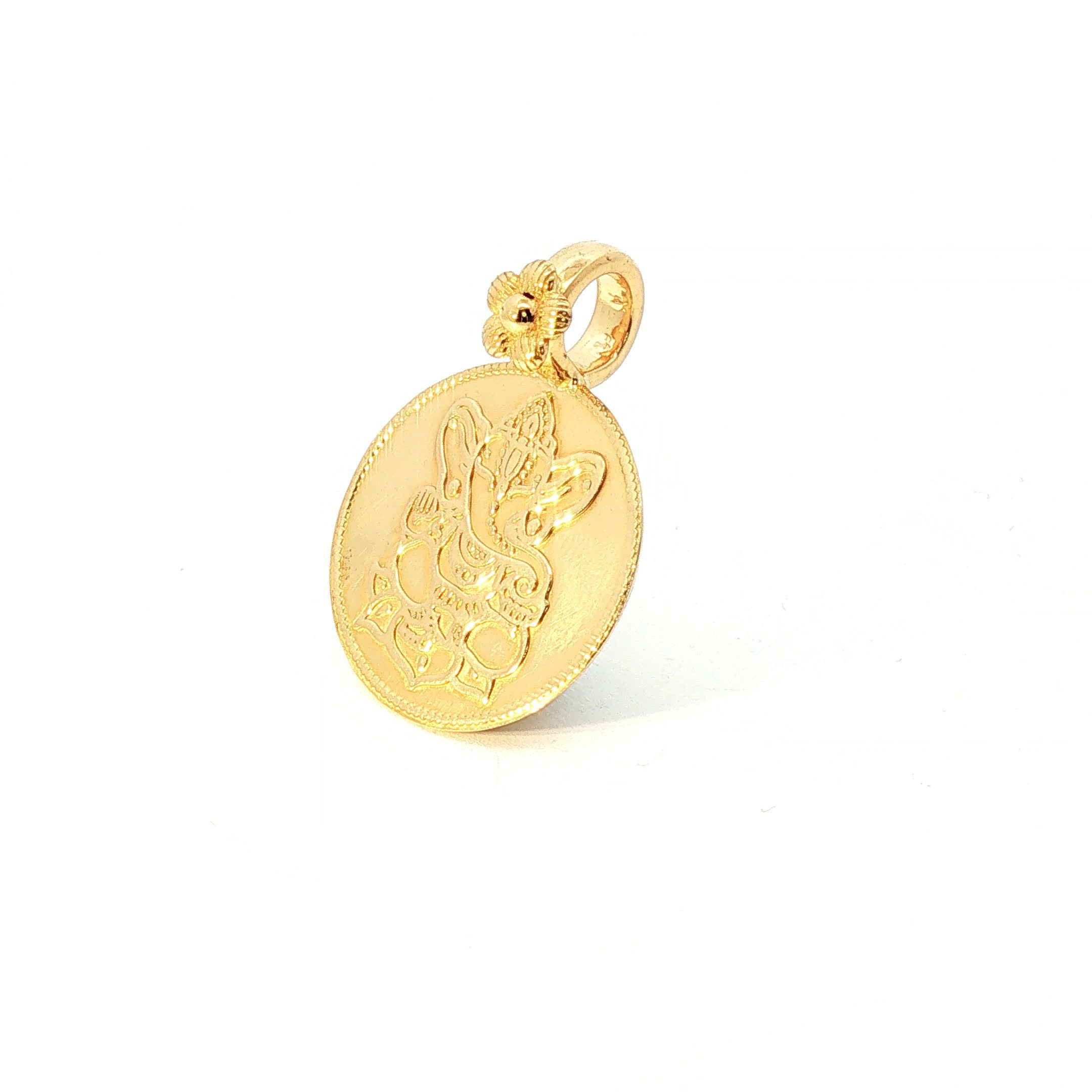 Religious Ganesha Engraved Yellow Gold Coin Pendant