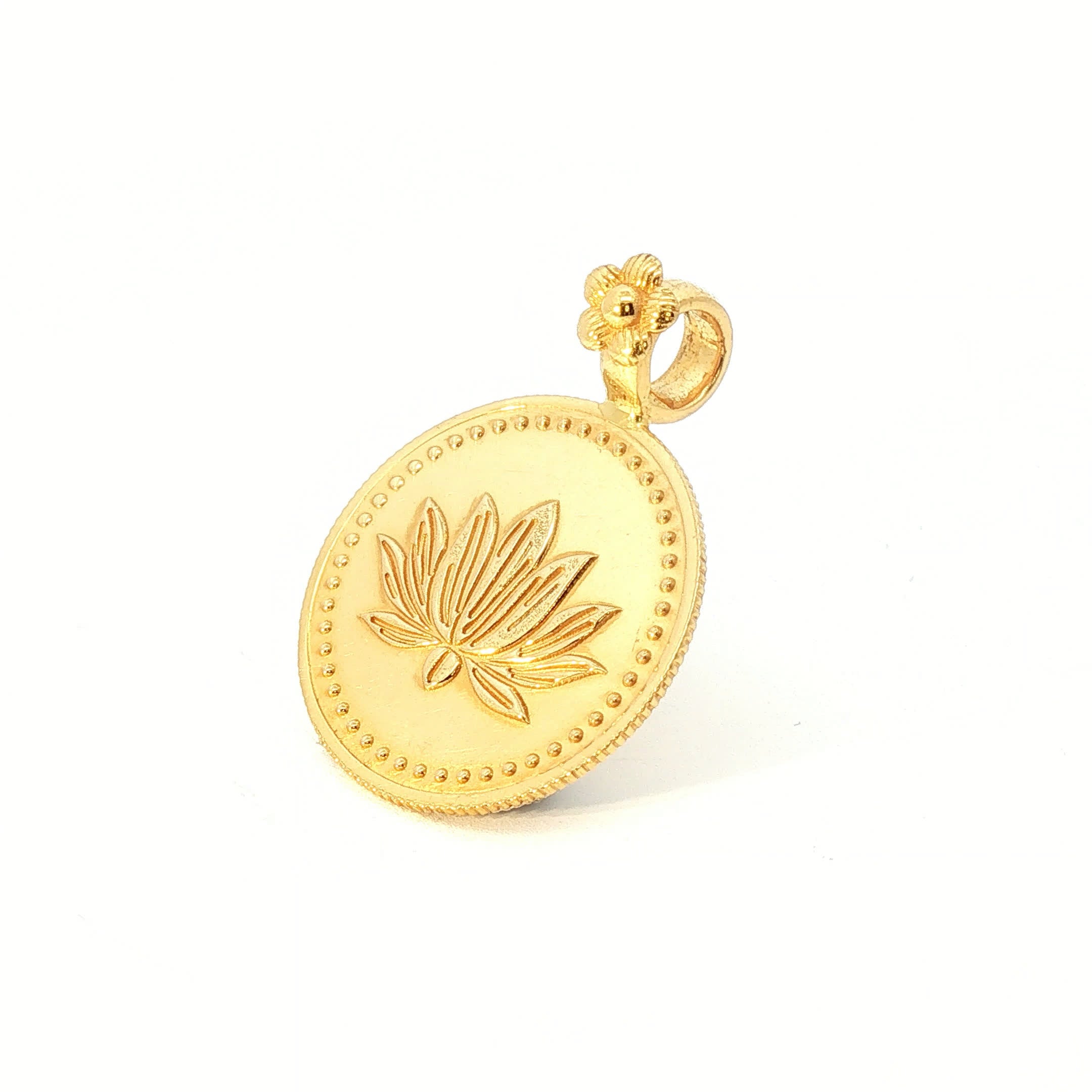 Yellow Gold Lotus Embossed Medallion Pendant with Floral Motif Bail