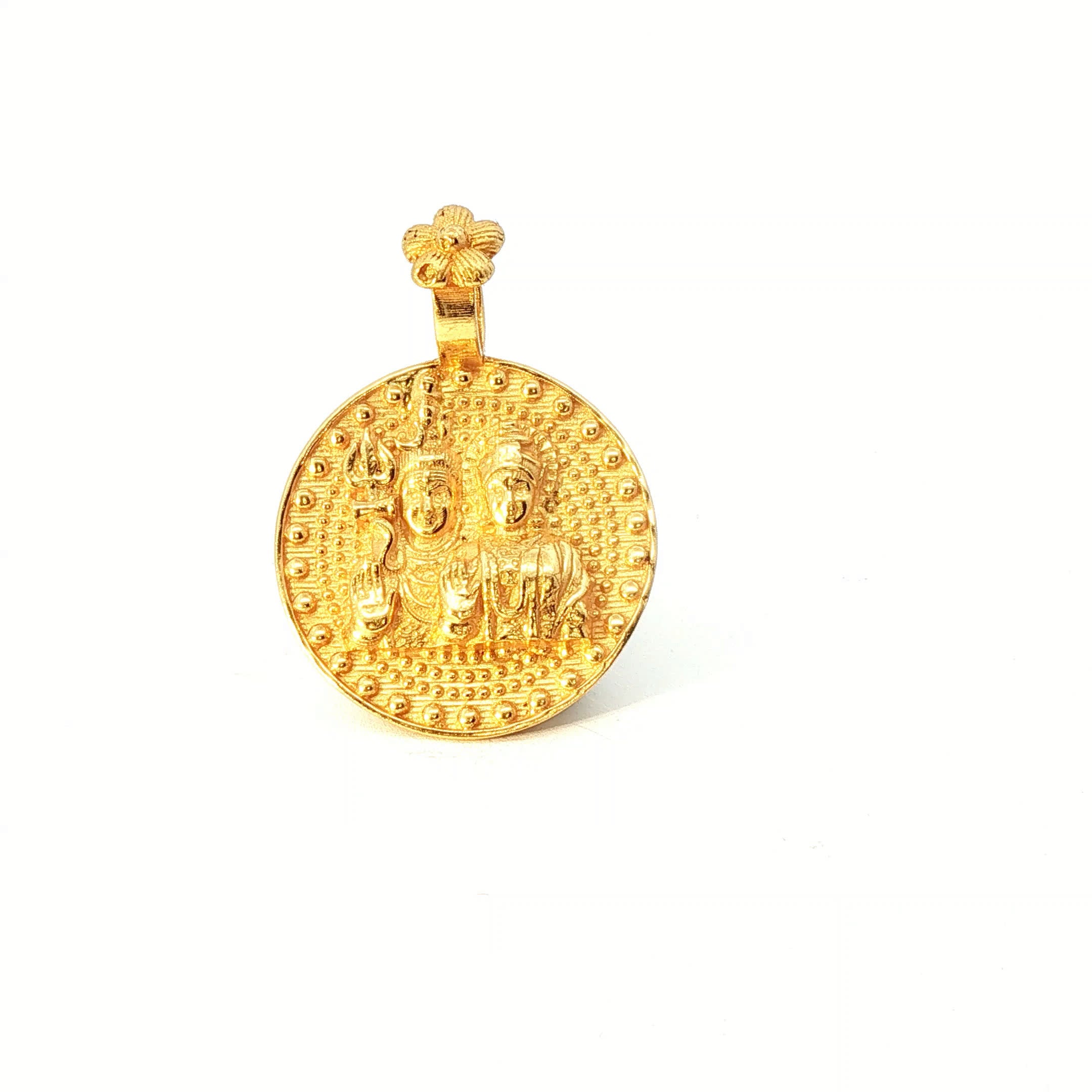 Traditional Yellow Gold Embossed Shiv Parvati Circular Pendant