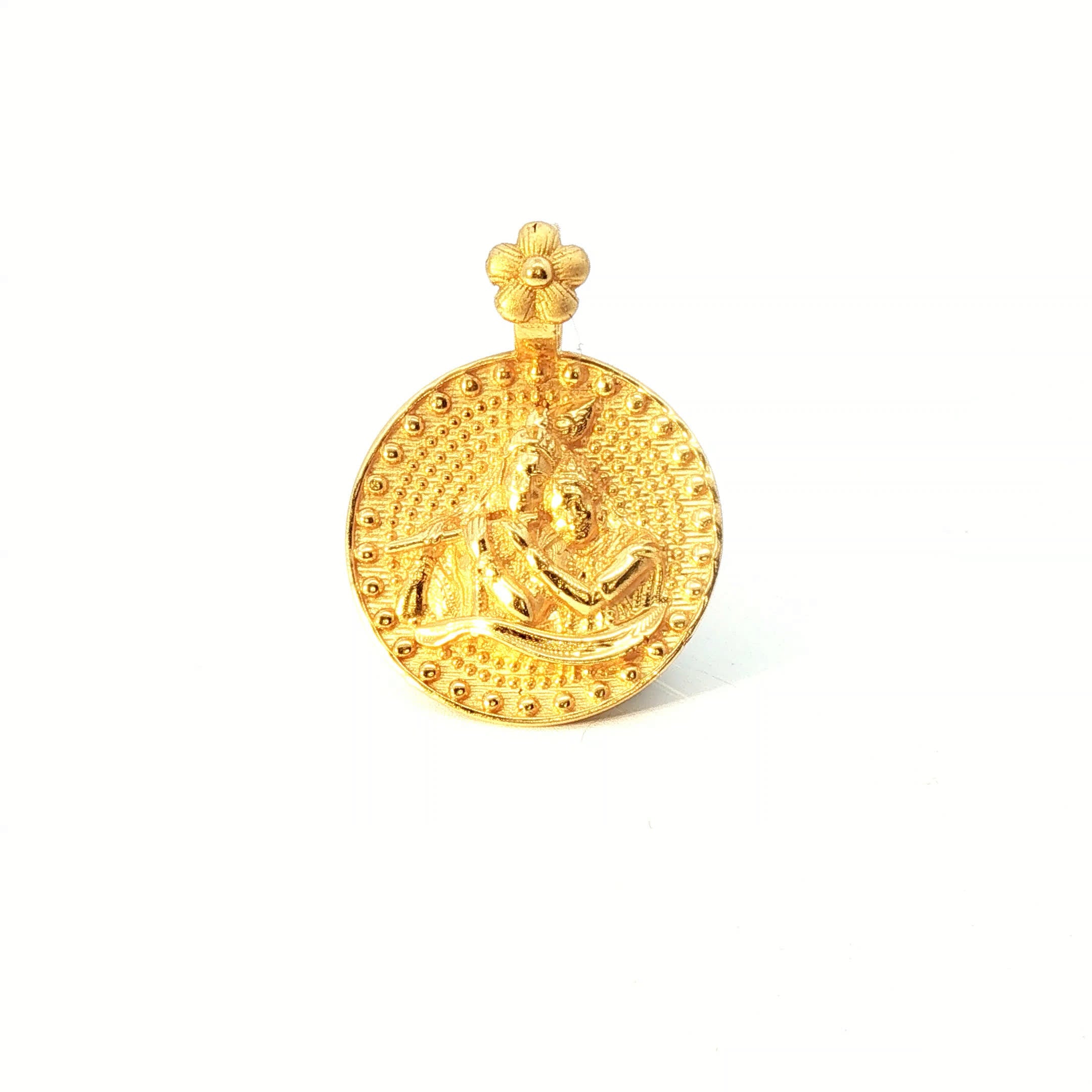 Intricately Embossed Radha Krishna Yellow Gold Circular Pendant