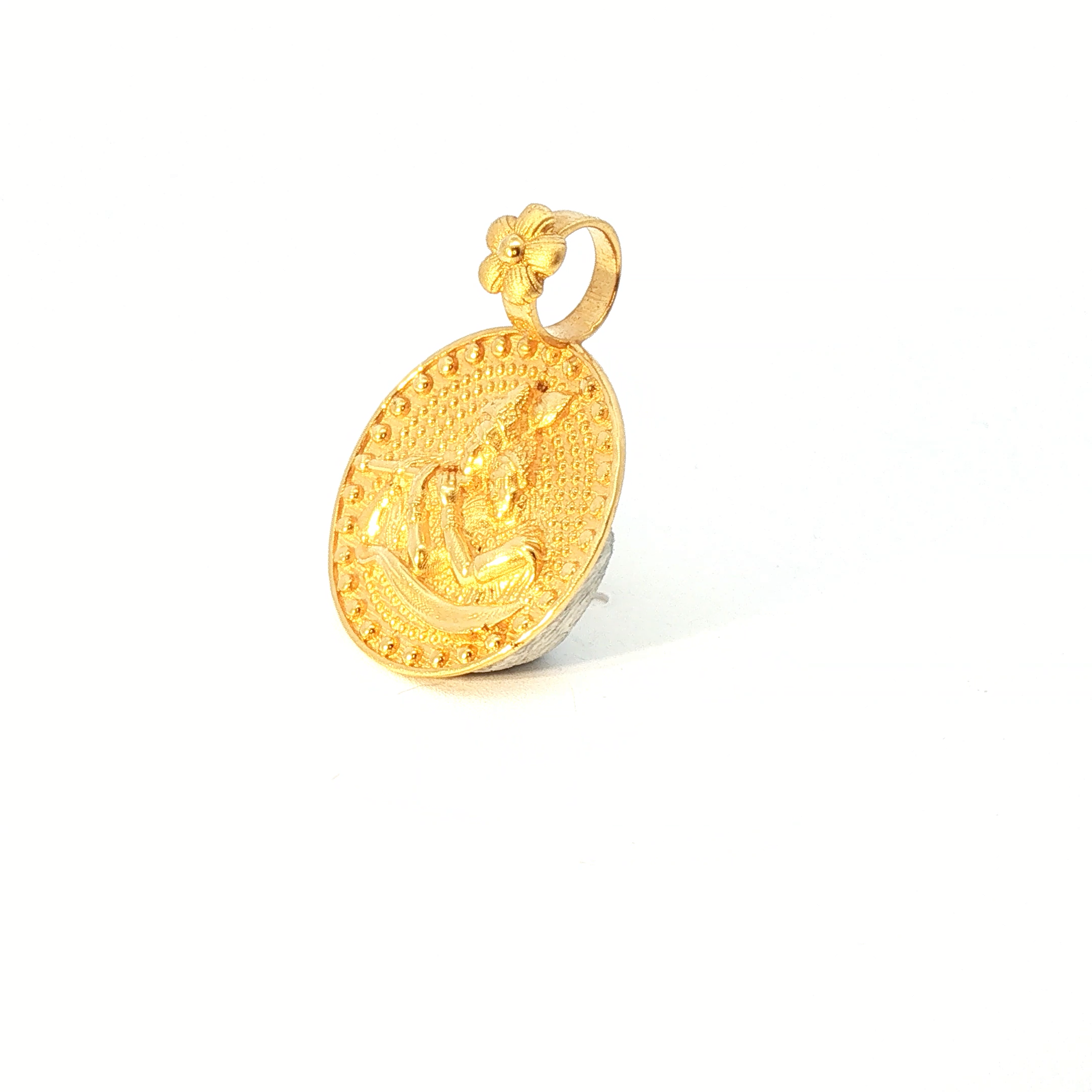 Intricately Embossed Radha Krishna Yellow Gold Circular Pendant