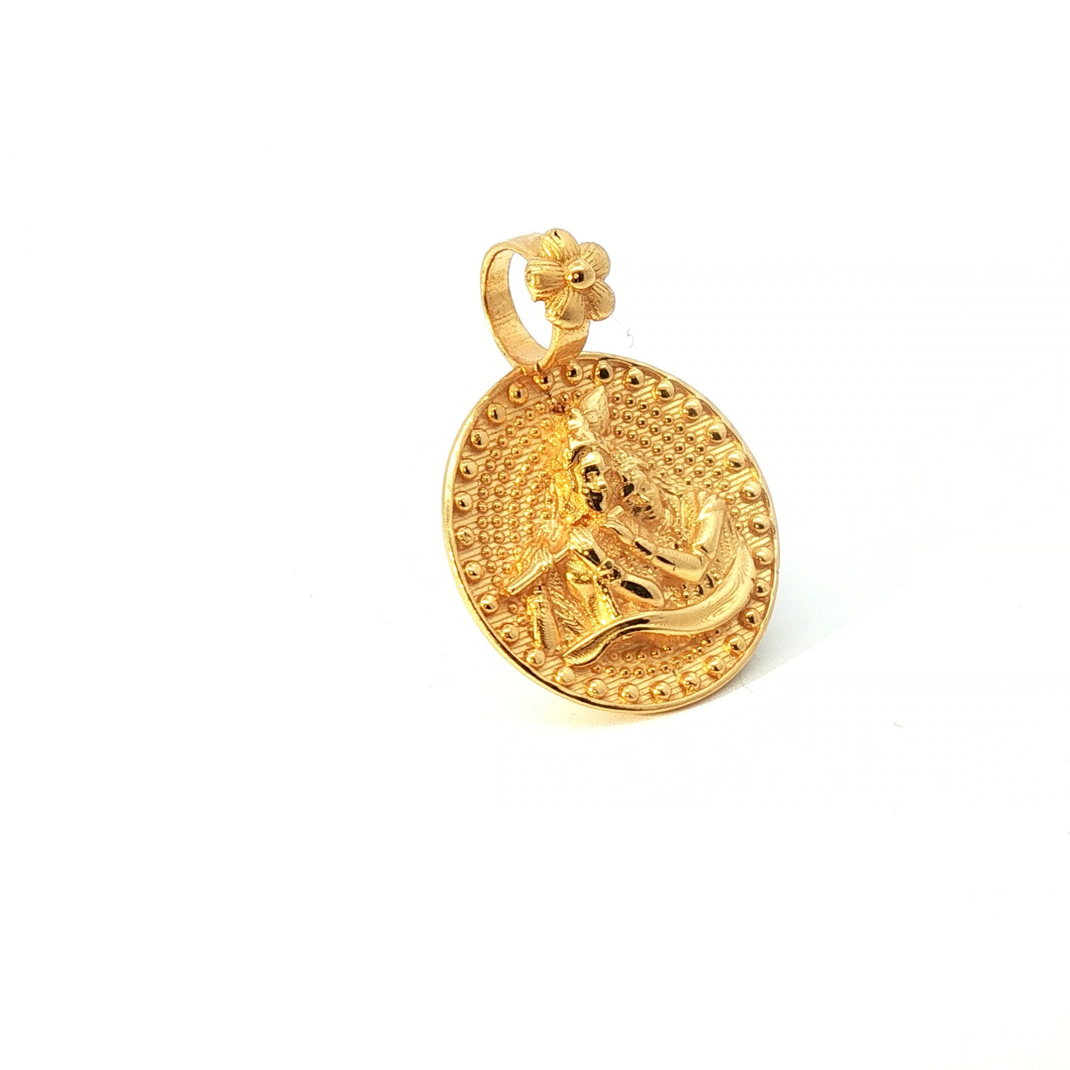 Intricately Embossed Radha Krishna Yellow Gold Circular Pendant