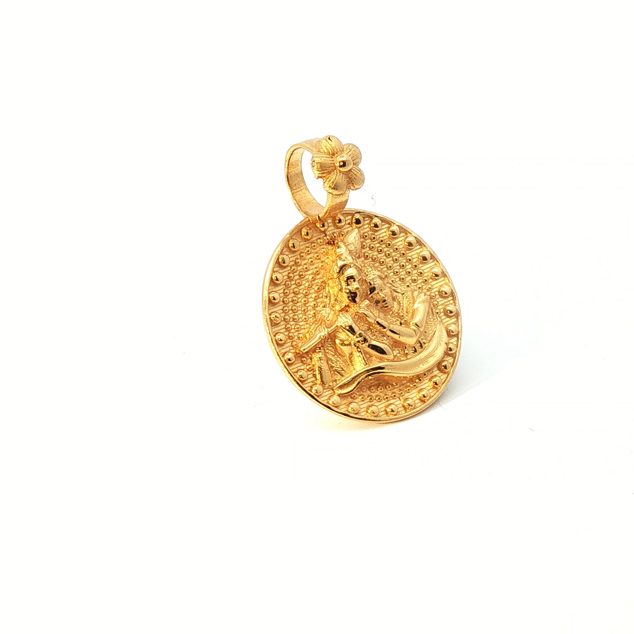 Intricately Embossed Radha Krishna Yellow Gold Circular Pendant
