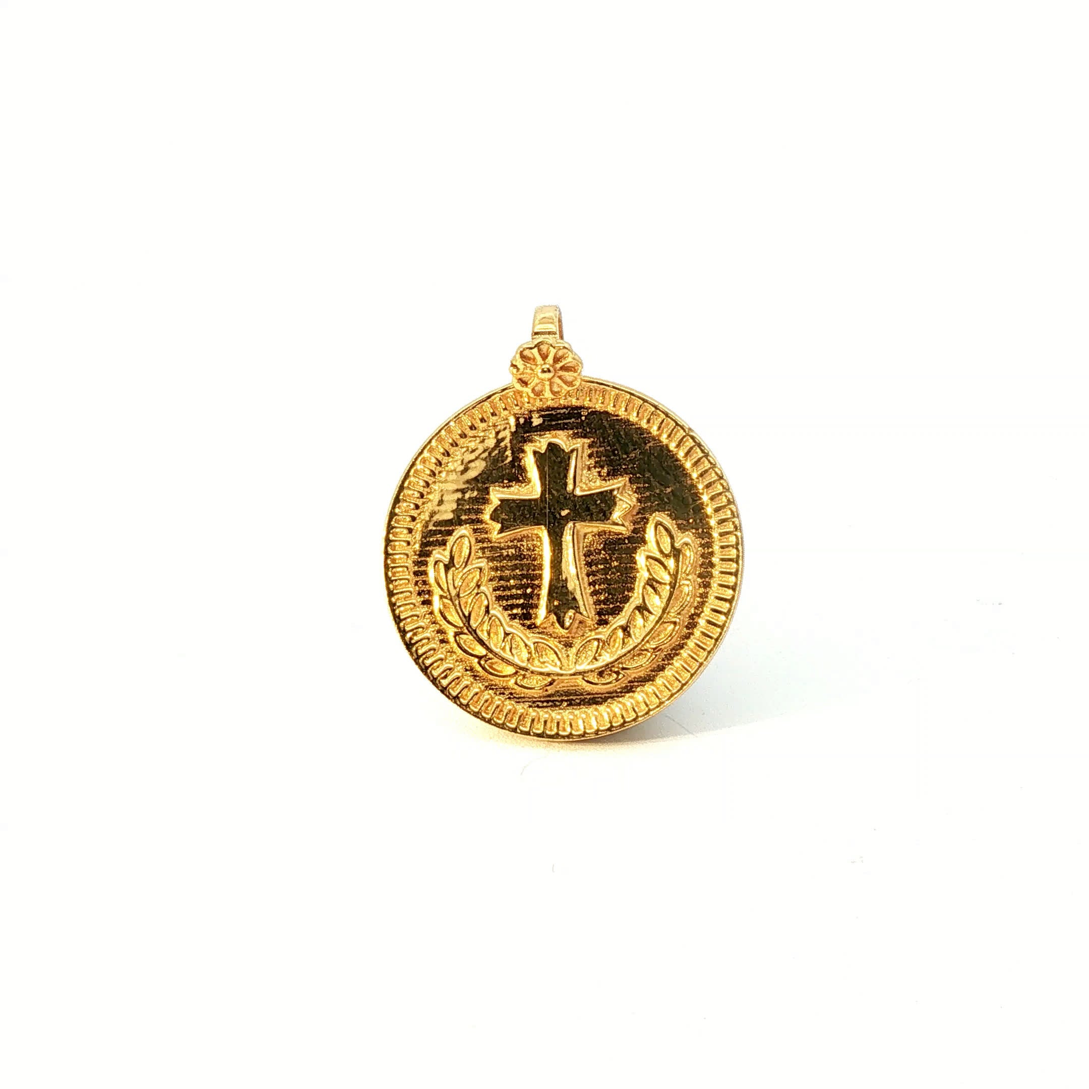Yellow Gold Religious Cross Coin Pendant with Laurel Wreath Detail