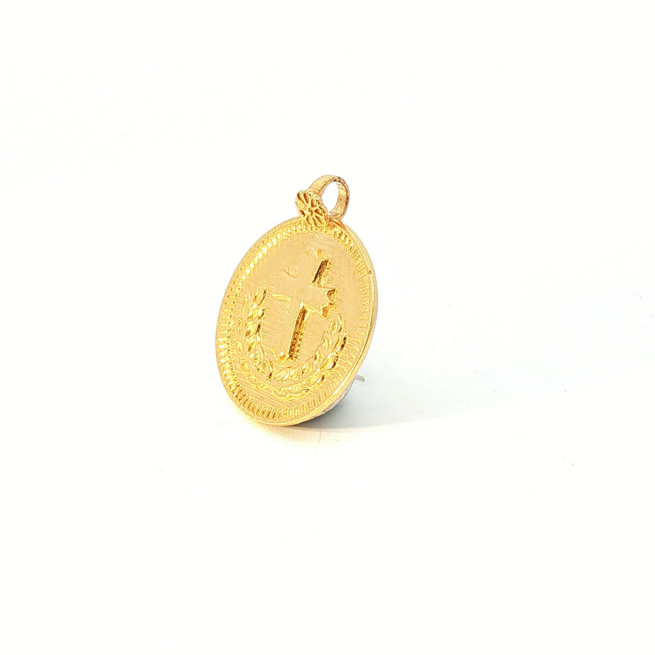 Yellow Gold Religious Cross Coin Pendant with Laurel Wreath Detail