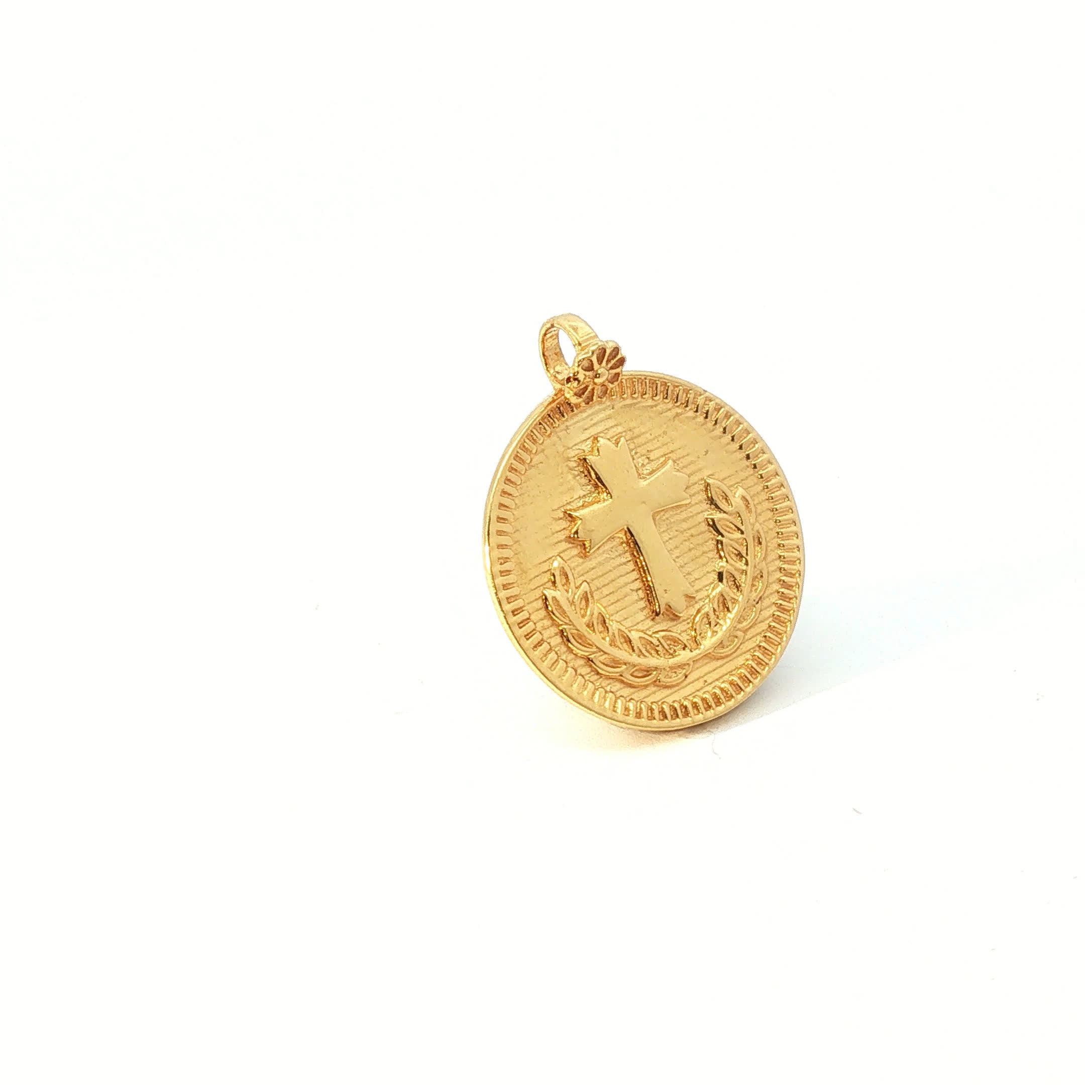 Yellow Gold Religious Cross Coin Pendant with Laurel Wreath Detail