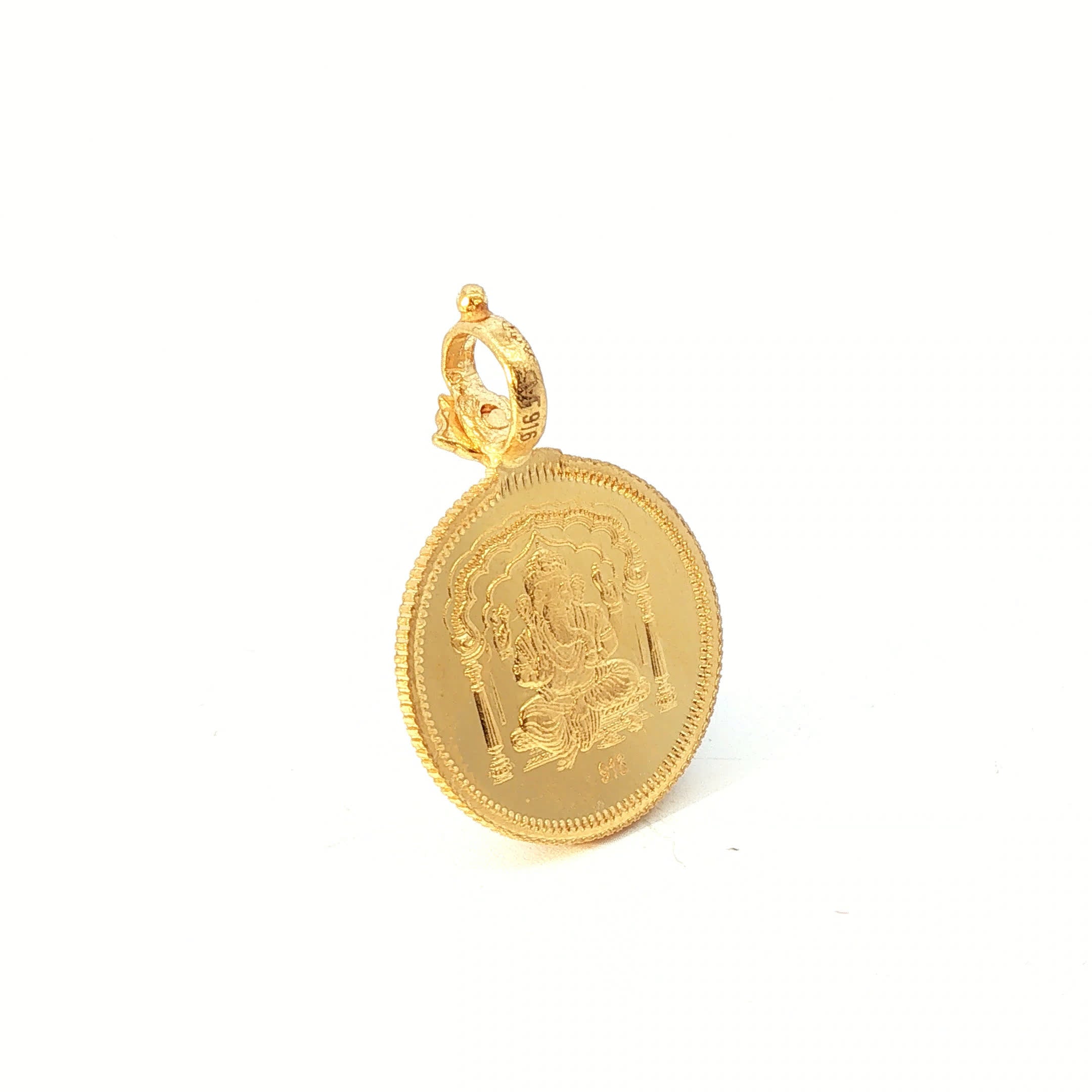 Traditional Lord Ganesha 22K Yellow Gold Embossed Round Medallion Pendant