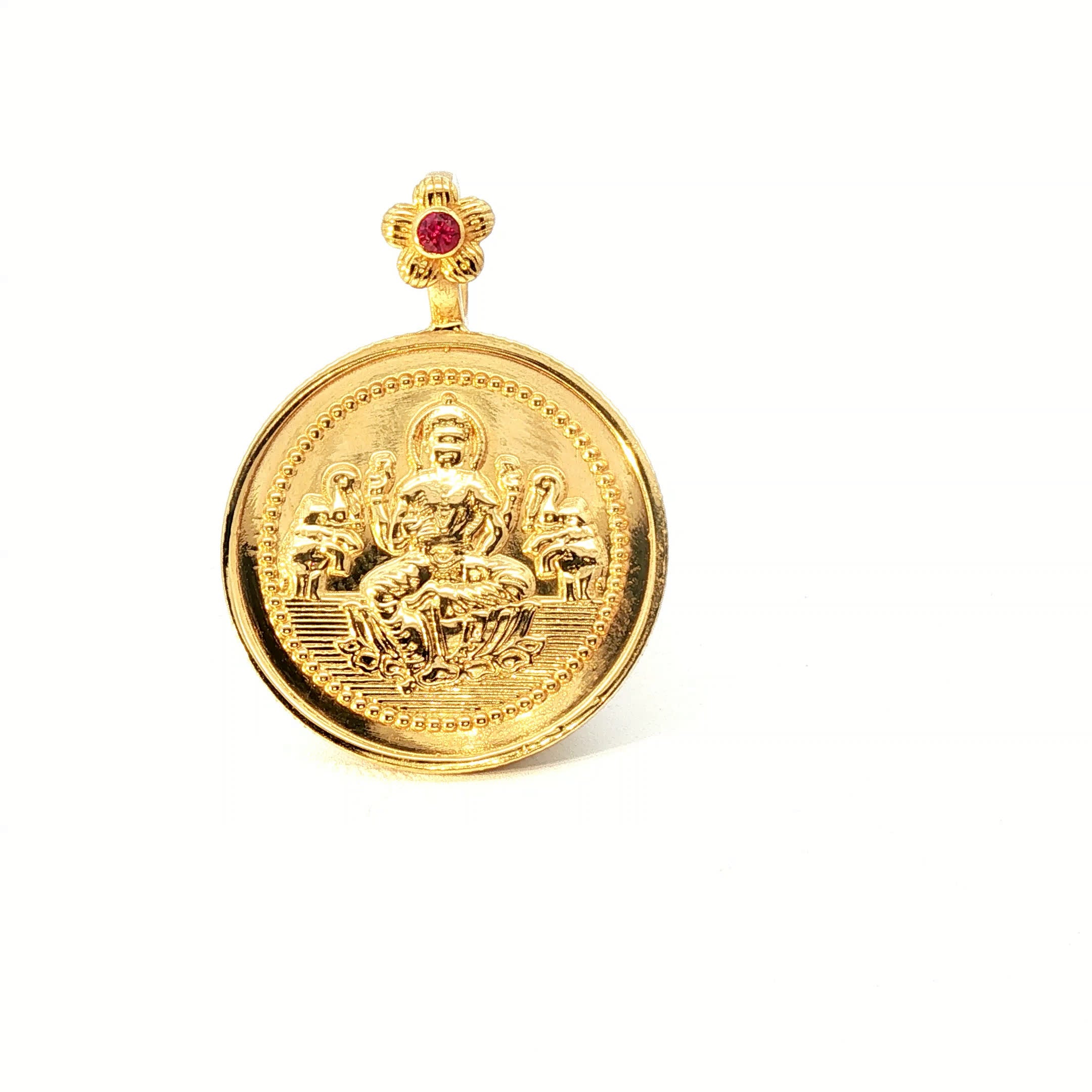 Yellow Gold Traditional Deity Coin Pendant with Round Ruby Floral Ruby Accent Ruby