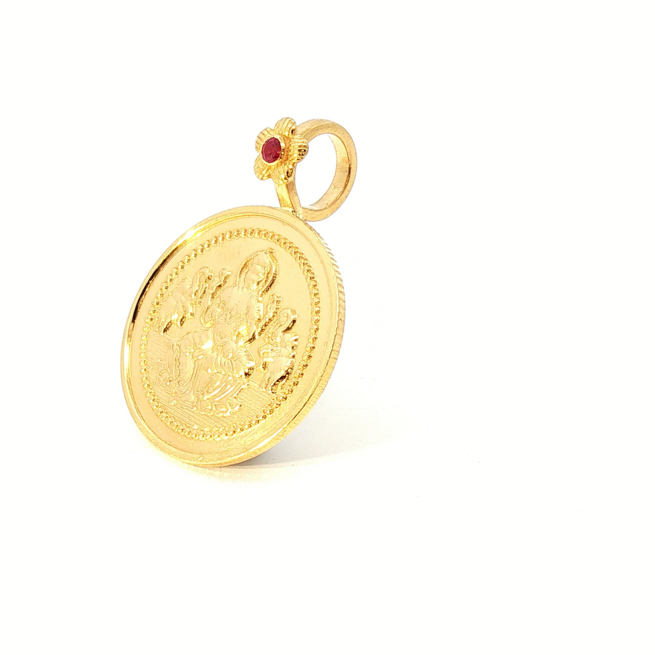 Yellow Gold Traditional Deity Coin Pendant with Round Ruby Floral Ruby Accent Ruby
