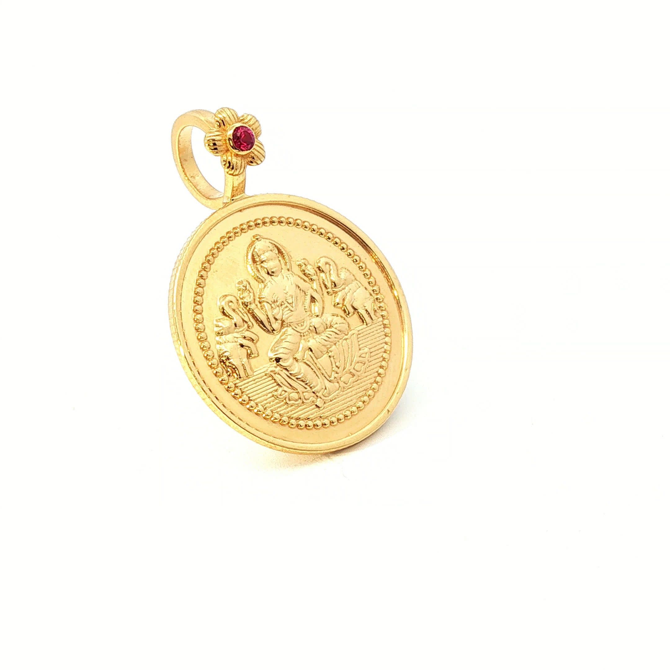 Yellow Gold Traditional Deity Coin Pendant with Round Ruby Floral Ruby Accent Ruby