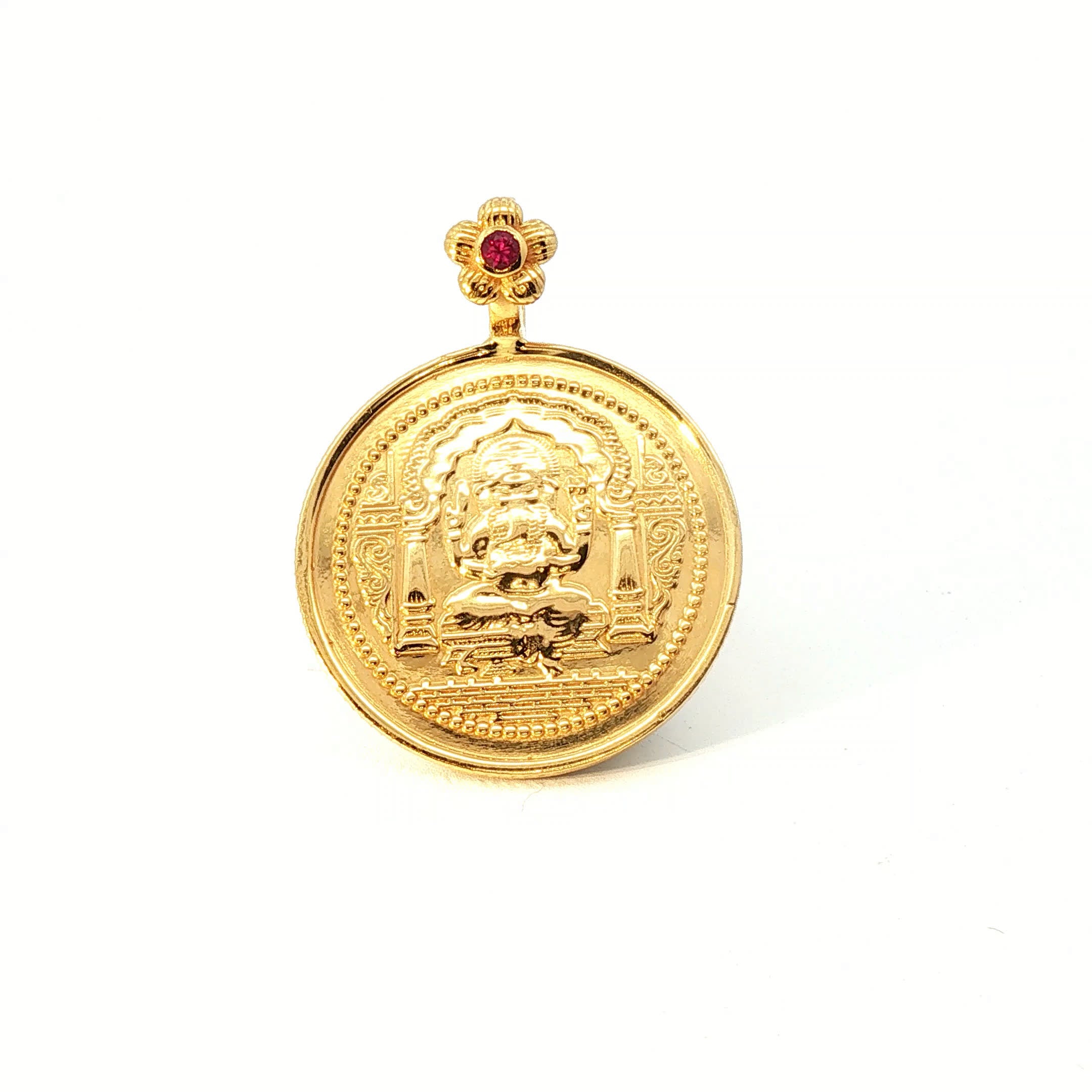 Ornate Yellow Gold Deity Coin Pendant with Ruby-Bail with Ruby Floral Accent
