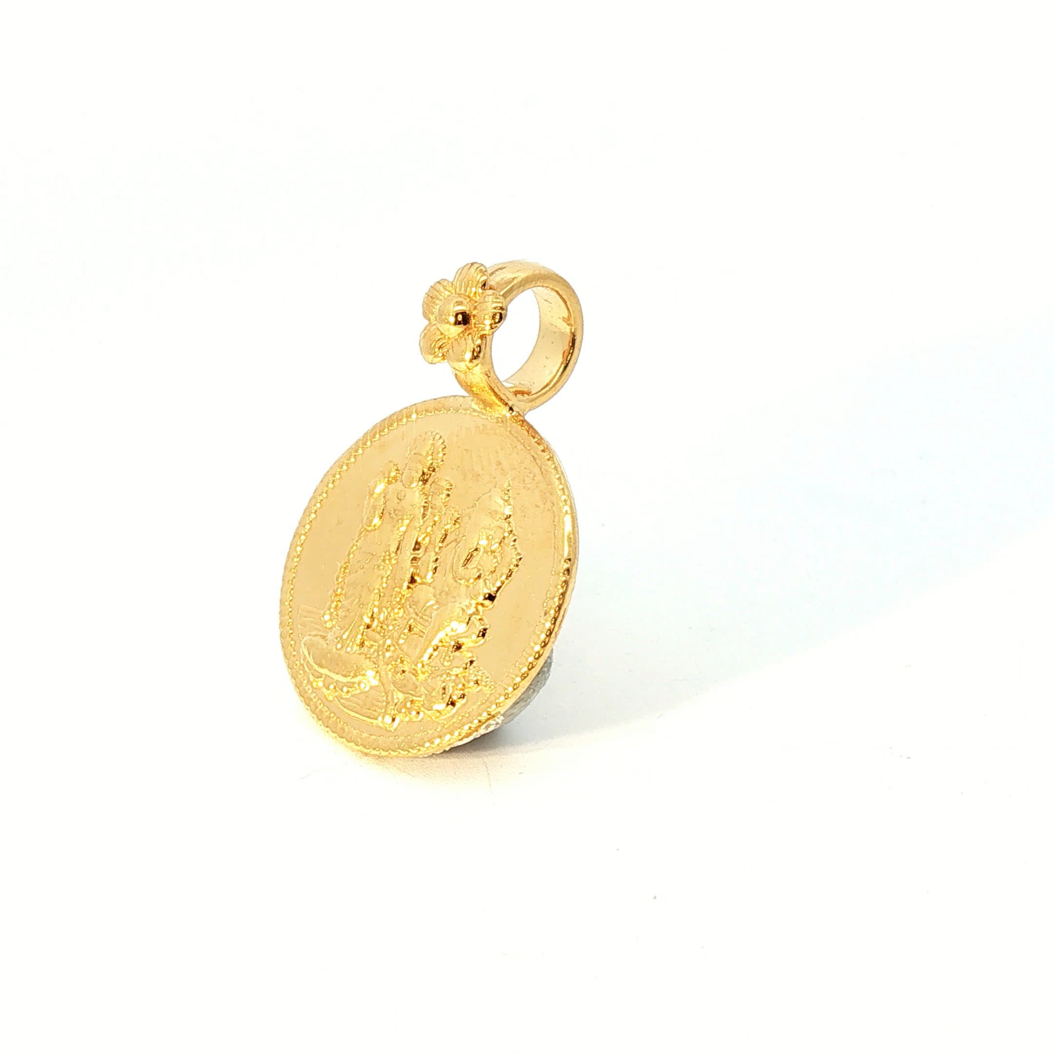 Yellow Gold Religious Deity Embossed Coin Pendant with Floral Bail