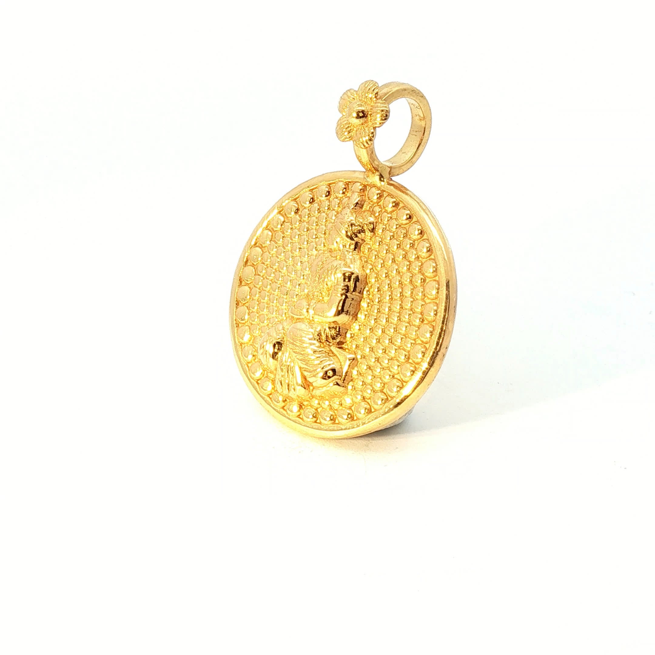 Intricately Embossed Yellow Gold Circular Deity Pendant