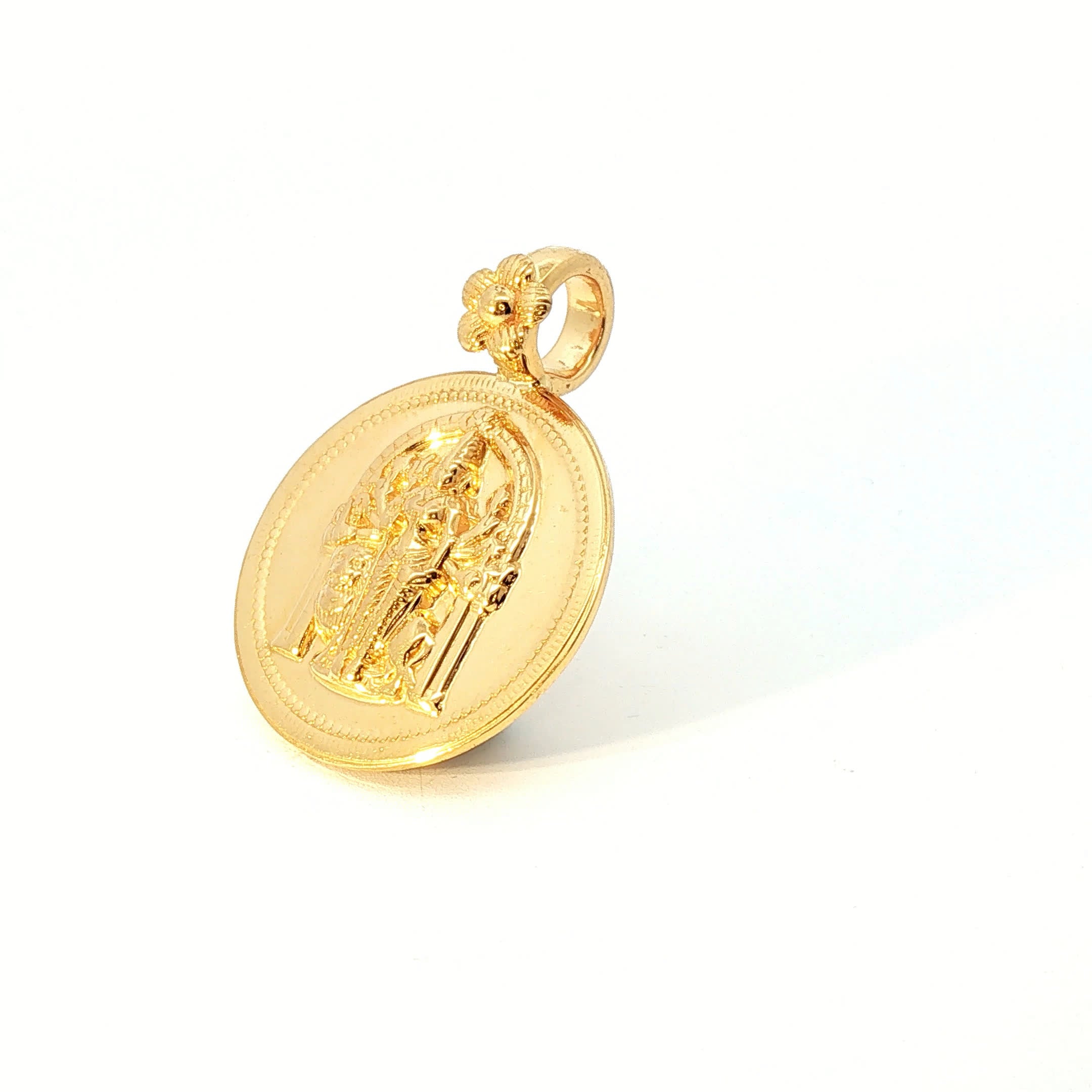 Yellow Gold Religious Embossed Coin Pendant with Floral Bail