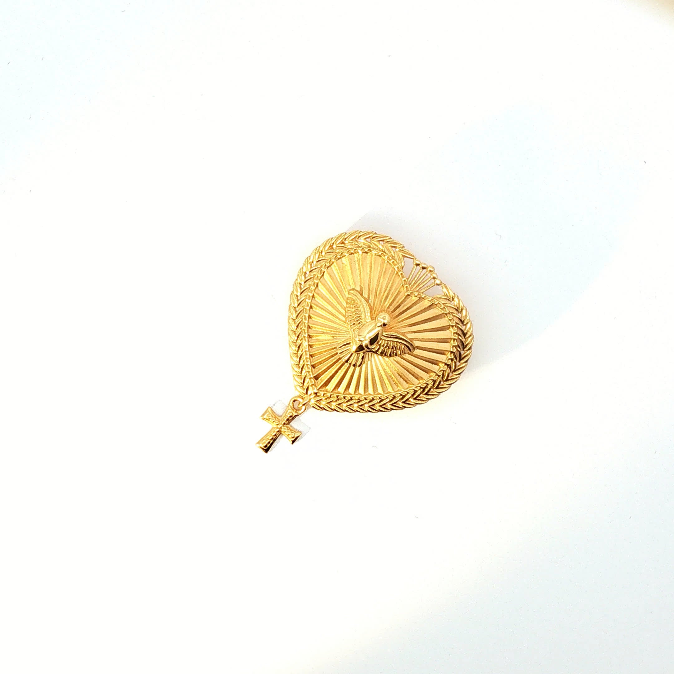 Ornate Yellow Gold Heart Brooch with Dove and Cross Dangle
