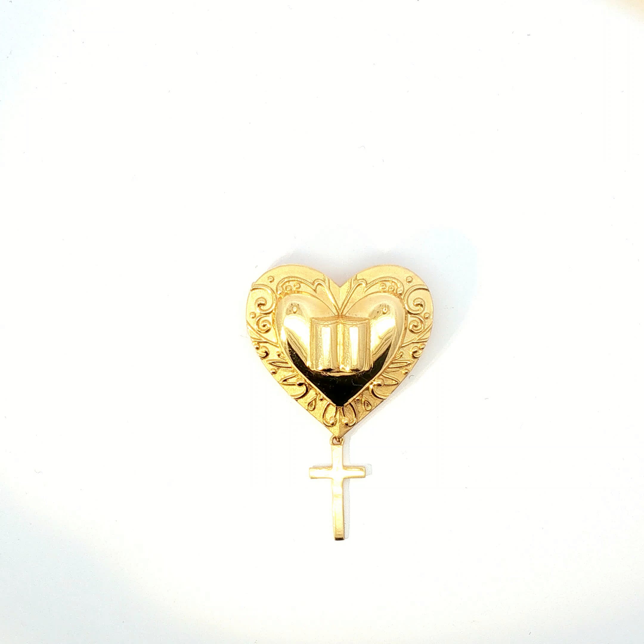 Vintage Yellow Gold Engraved Heart and Cross Religious Pendant