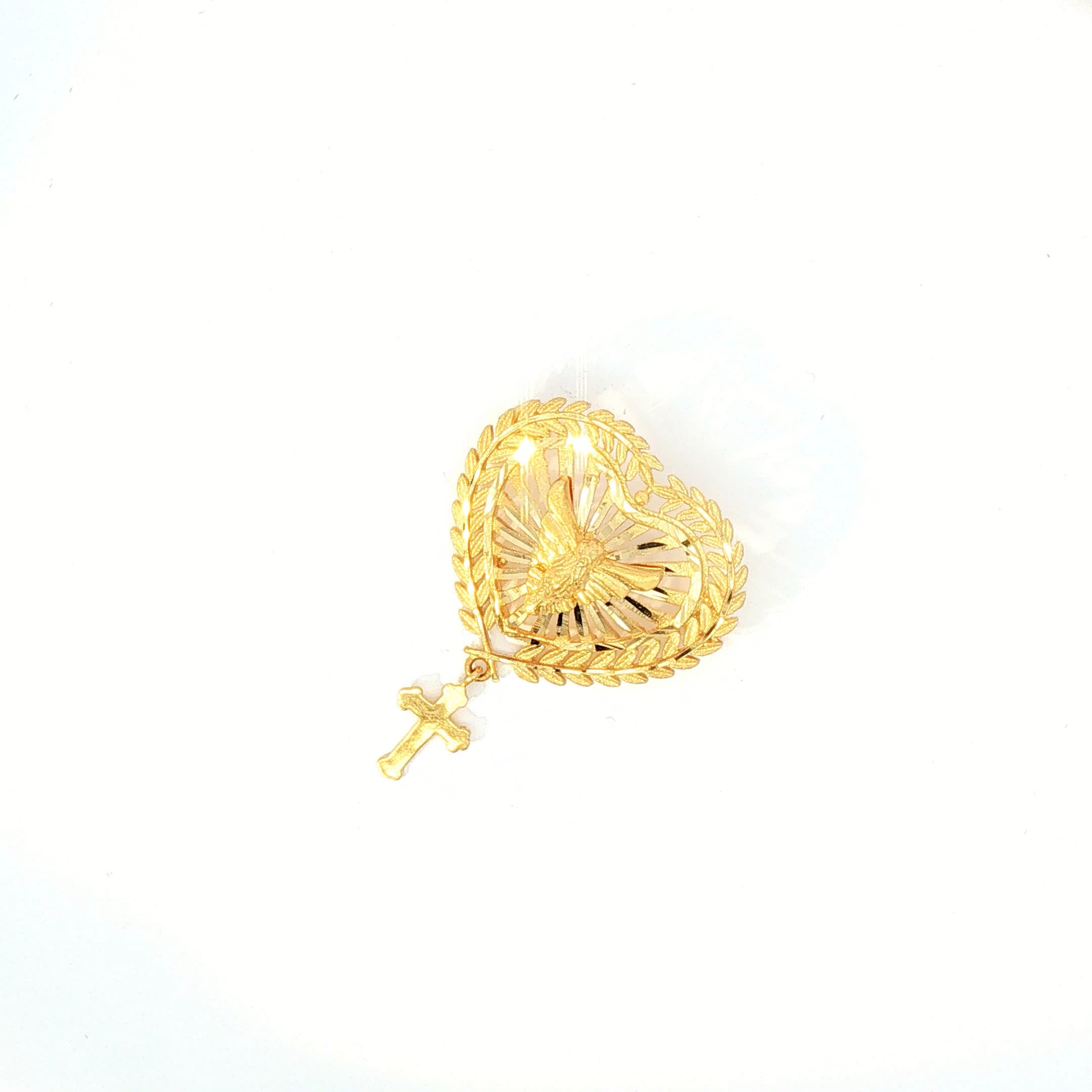 Yellow Gold Heart Wreath Religious Pendant with Dangle Cross