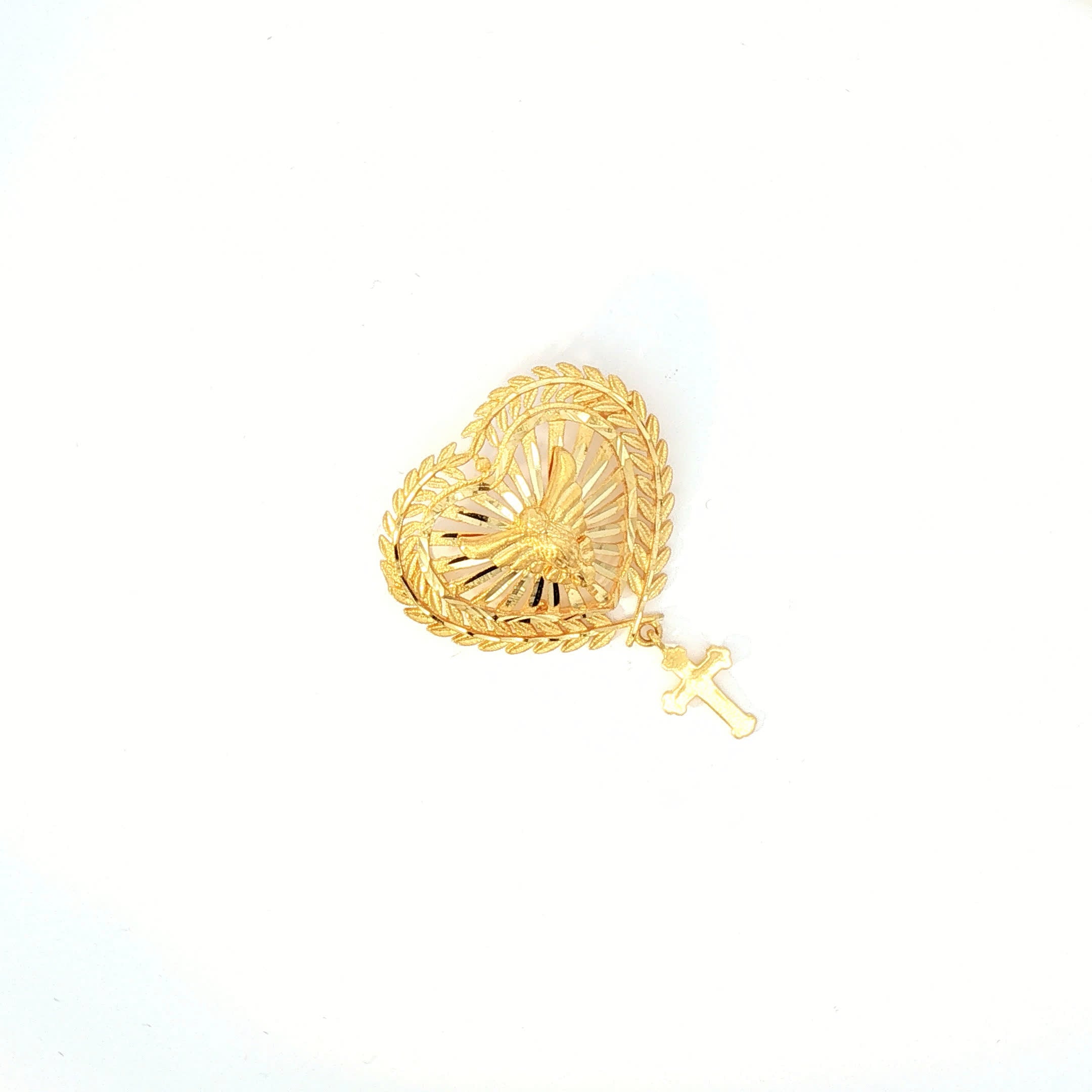 Yellow Gold Heart Wreath Religious Pendant with Dangle Cross