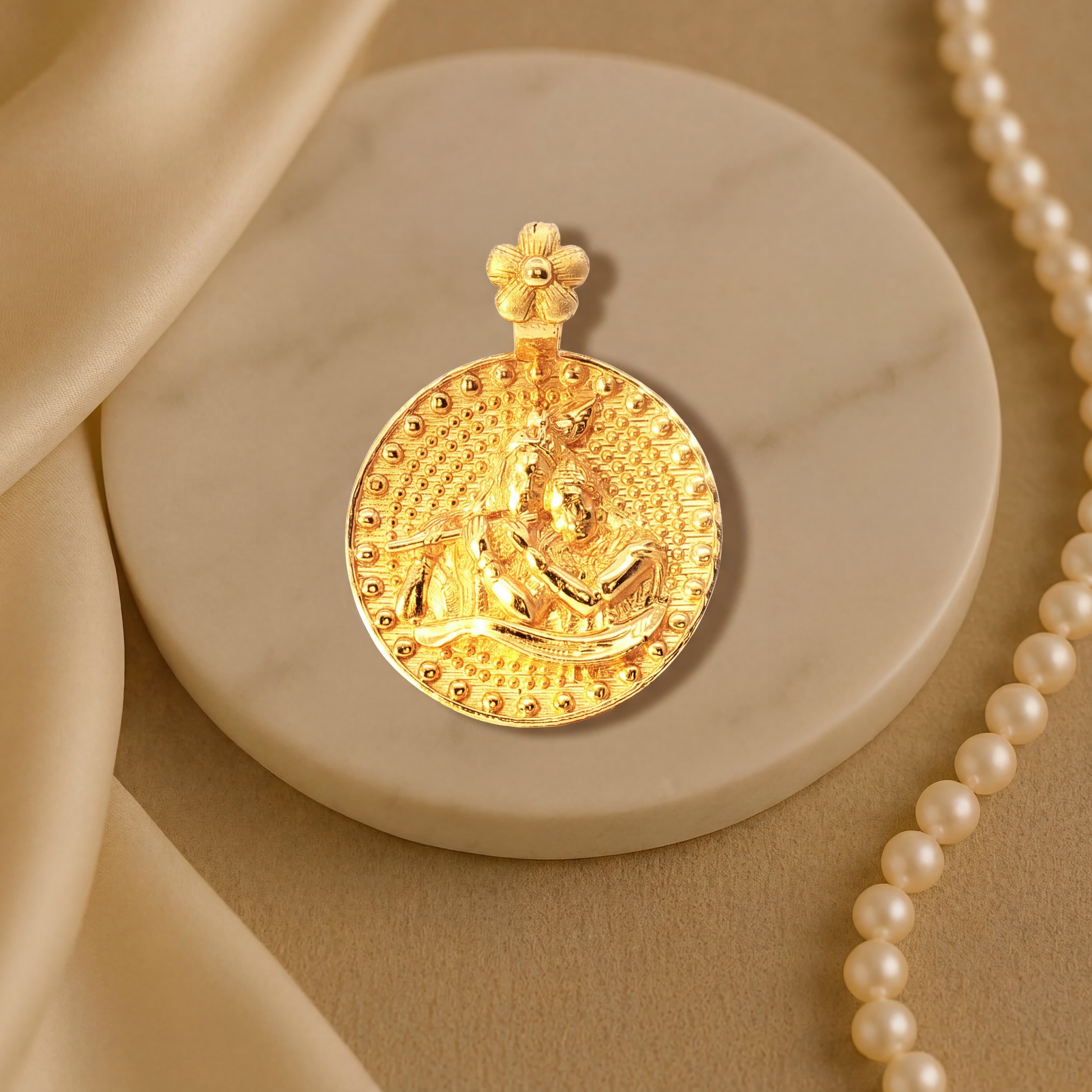 Intricately Embossed Radha Krishna Yellow Gold Circular Pendant