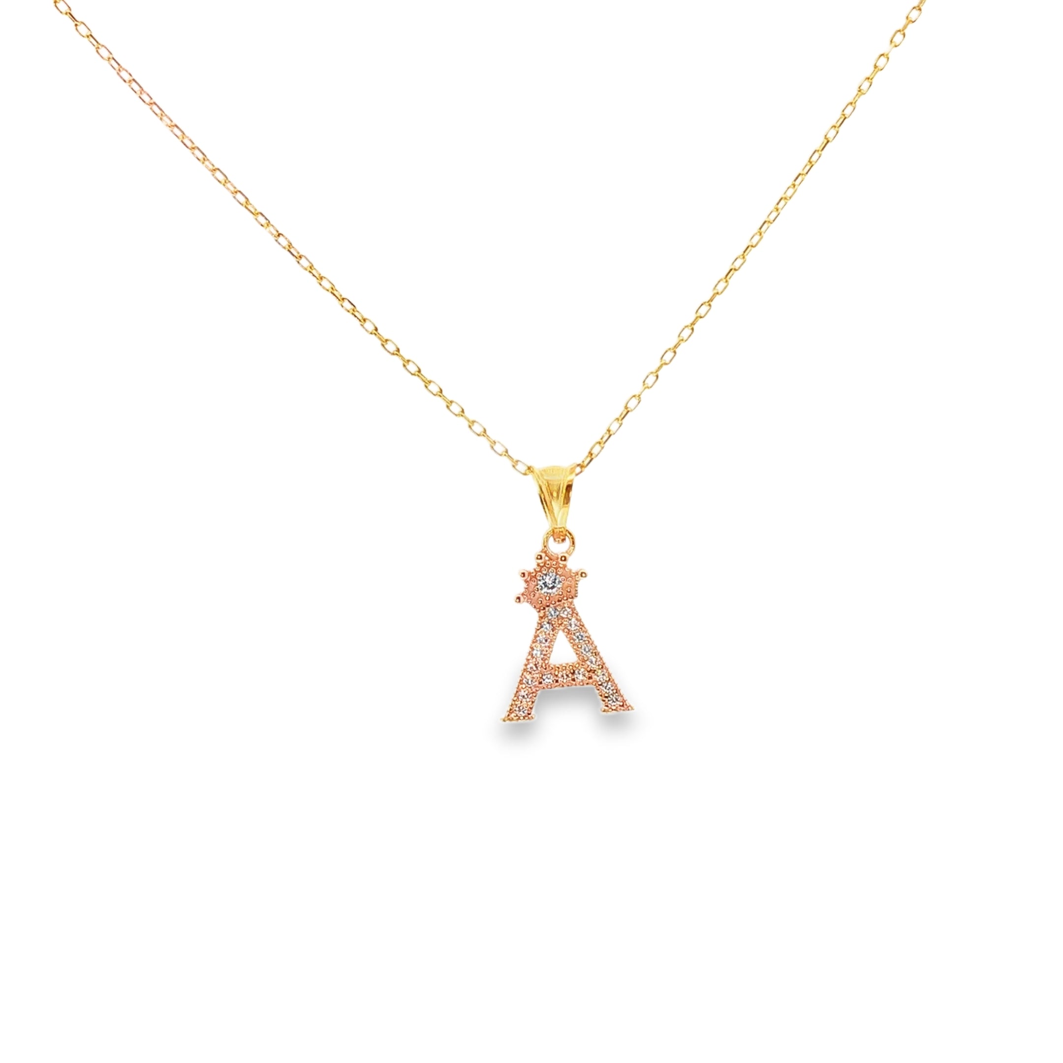 Yellow Gold Charm Necklace with White Stones Letter 'A' Pendant