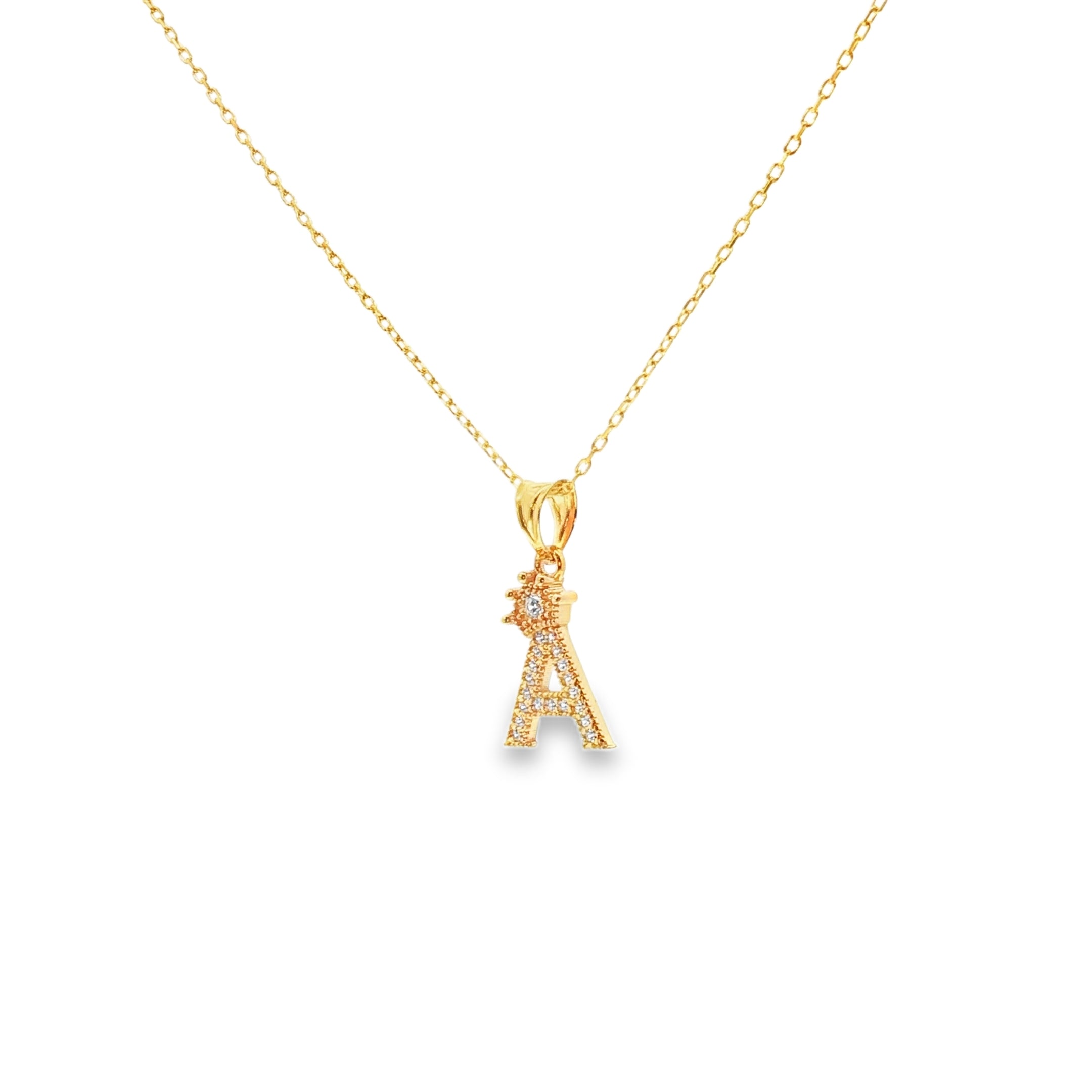 Yellow Gold Charm Necklace with White Stones Letter 'A' Pendant
